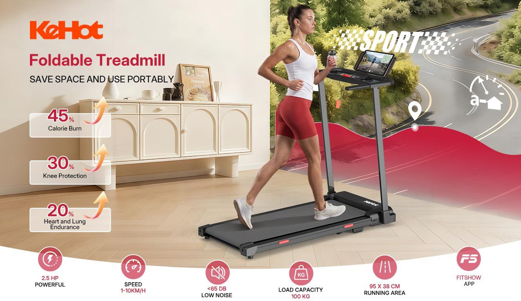 Kehot Walking Pad Laufband mit Handlauf, bürstenloser Motor, 1–10 km/h, LCD Display, 12 Programme, klappbar für Zuhause & Büro
