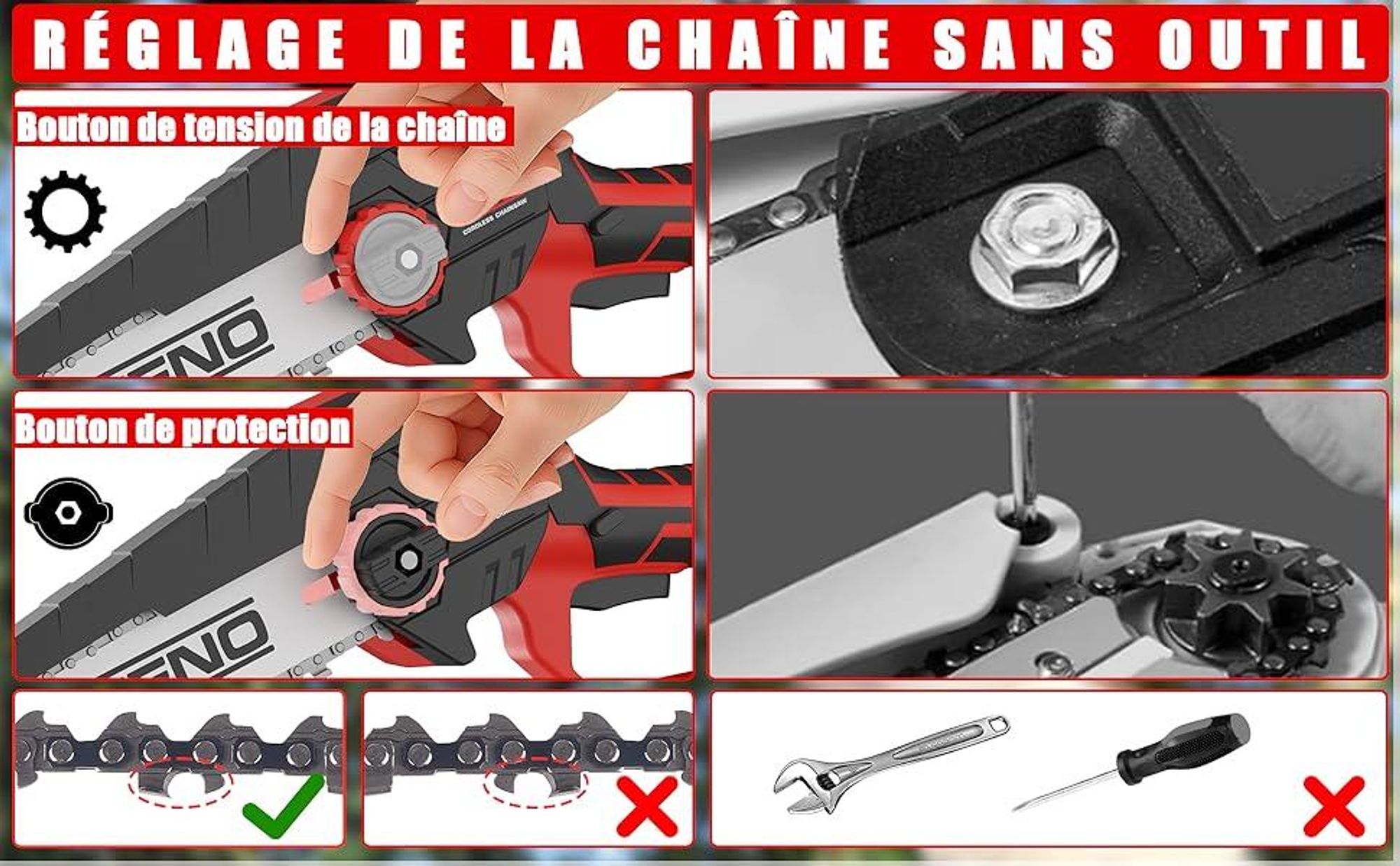 TEENO Tronçonneuse électrique, Tronçonneuse électrique 2 en 1, perche télescopique - détachable - Réglage à 180°, 6 pouces, 2 x 4000 mAh batteries