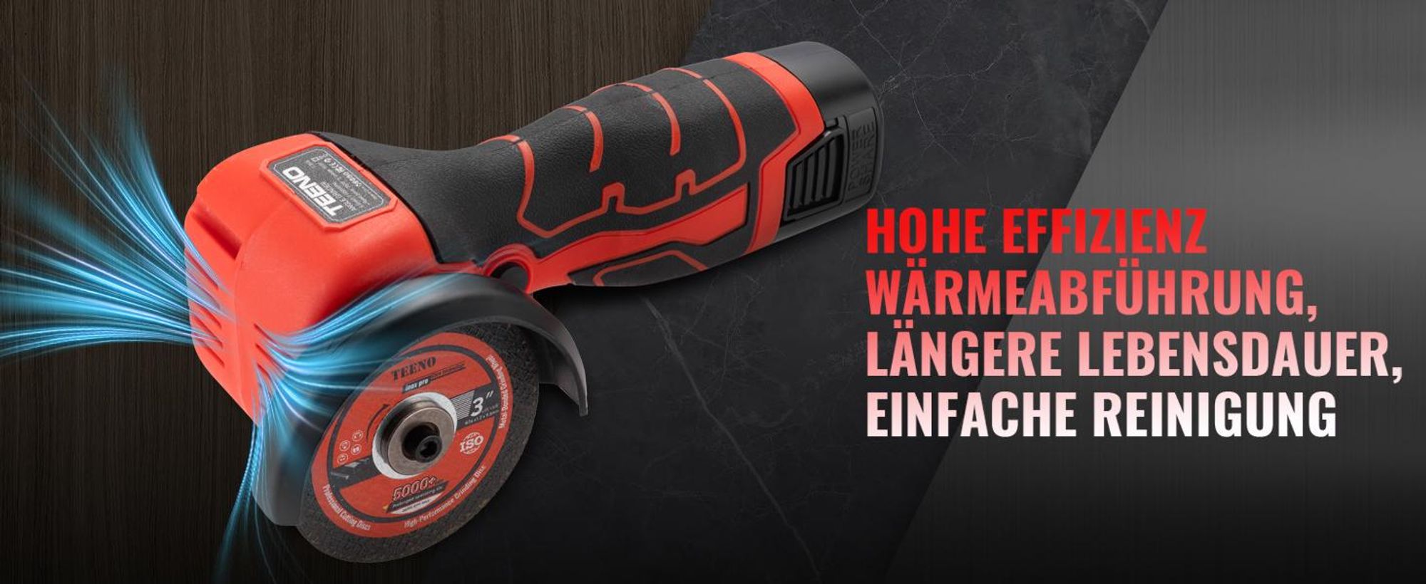 Winkelschleifer TEENO 19.500 U/min – kabellose Schleifmaschine, 76 mm, Komplettset mit 2 Akkus 2000 mAh und 6 Scheiben – zum Schleifen, Polieren