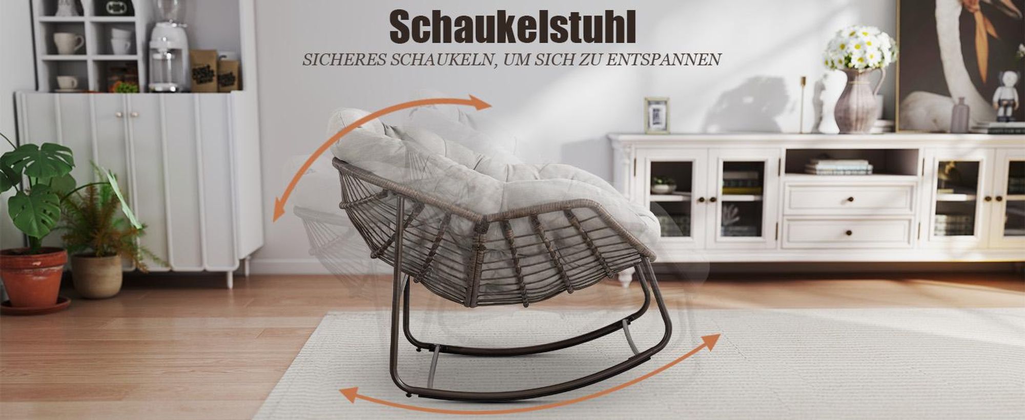 LVHOM Schaukelsessel Garten mit gepolstertem Kissen, Rattanstuhl mit Stahlrahmen, Schaukelstuhl Outdoor Loungesessel, Sessel für Balkon, Hellgrau