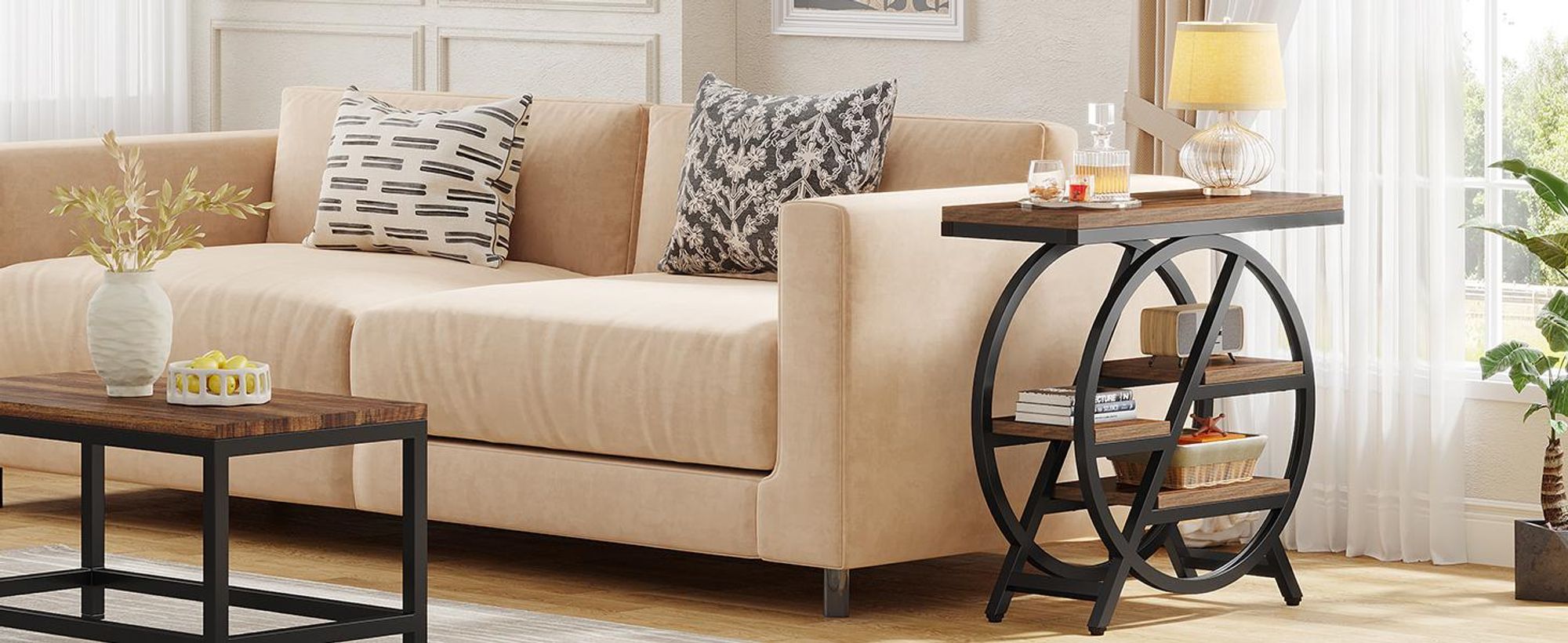 Tribesigns 3-Etagen Beistelltisch, Holz Sofa Beistelltisch mit Lagerung,  , Nachttisch mit geometrischem Metallrahmen für Schlafzimmer Wohnzimmer