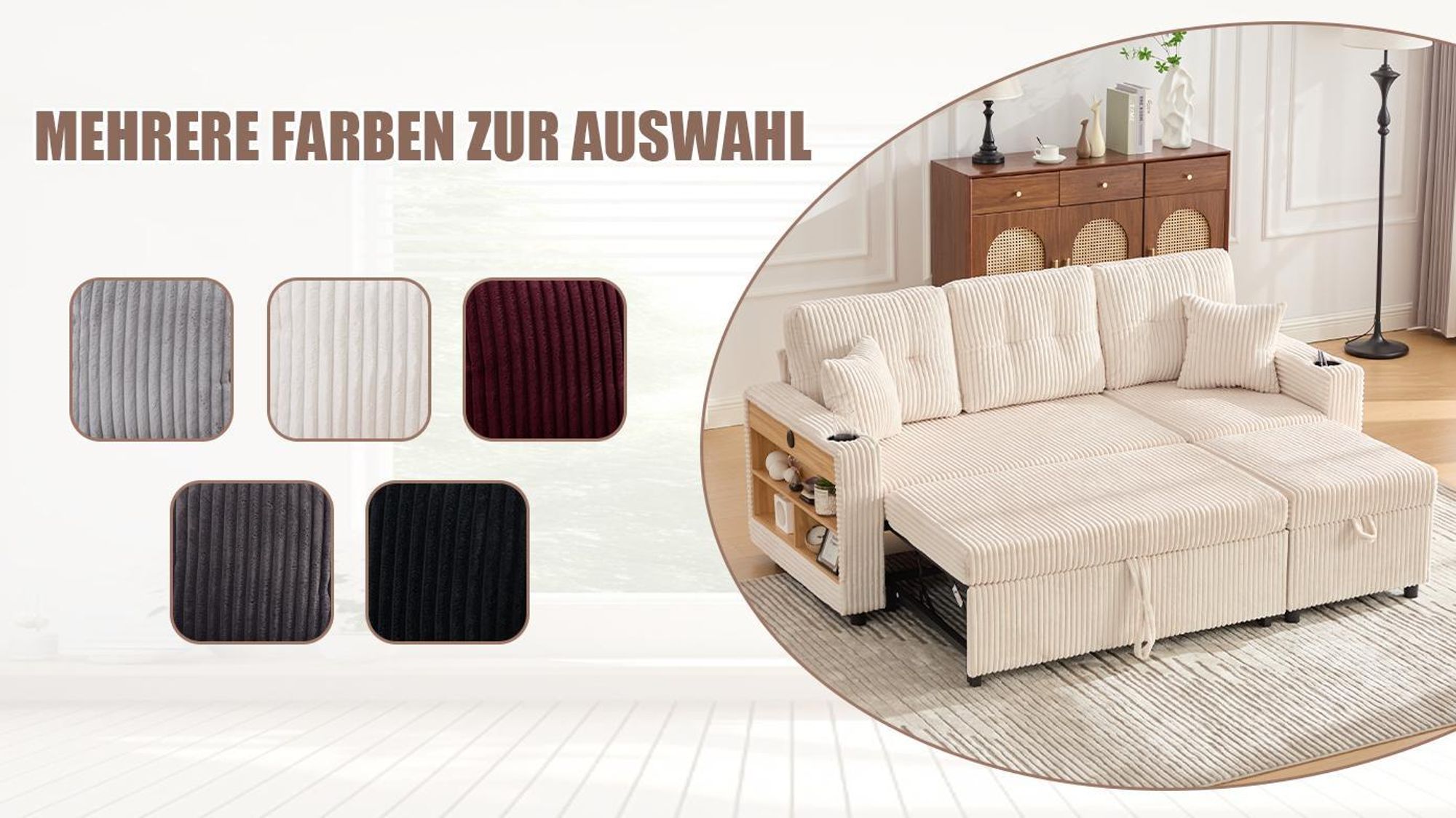 LVHOM Schlafsofa 3 in 1 mit USB und LED, 3 Sitzer Sofa mit Schlaffunktion, Sofabett mit Regal, Modulares Sofa mit Ottomane, Cordstoff, Dunkelgrau