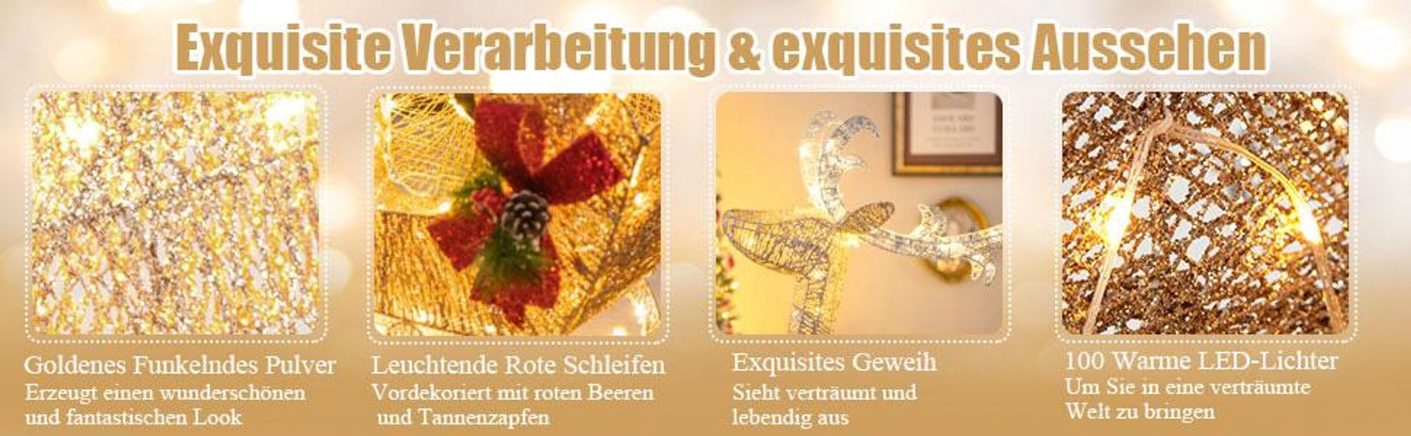 COSTWAY LED-Rentier mit Schlitten & 100 warmweißen Lichtern, beleuchtete Rentier Weihnachtsfigur, Weihnachtsdeko Weihnachtsbeleuchtung Außen & Innen