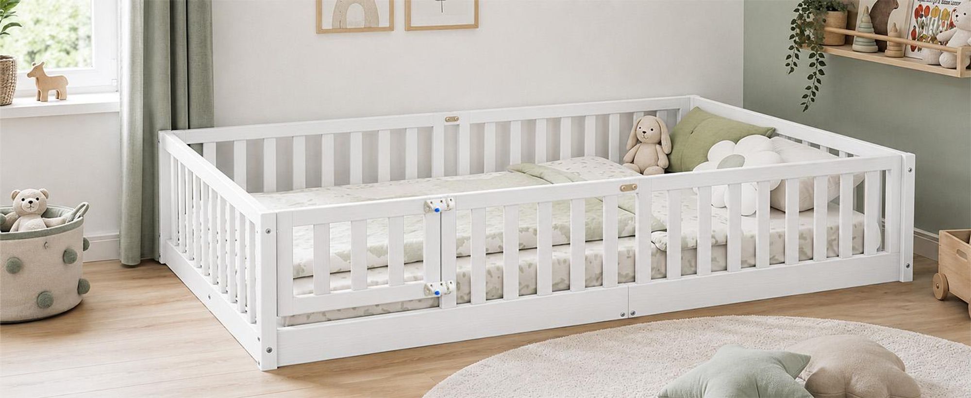 FCH Kinderbett mit Rausfallschutz & Lattenrost, 120x200cm, Montessori Bodenbett mit seitlichem Ausstieg, Einzelbett für Jugendzimmer, Weiß