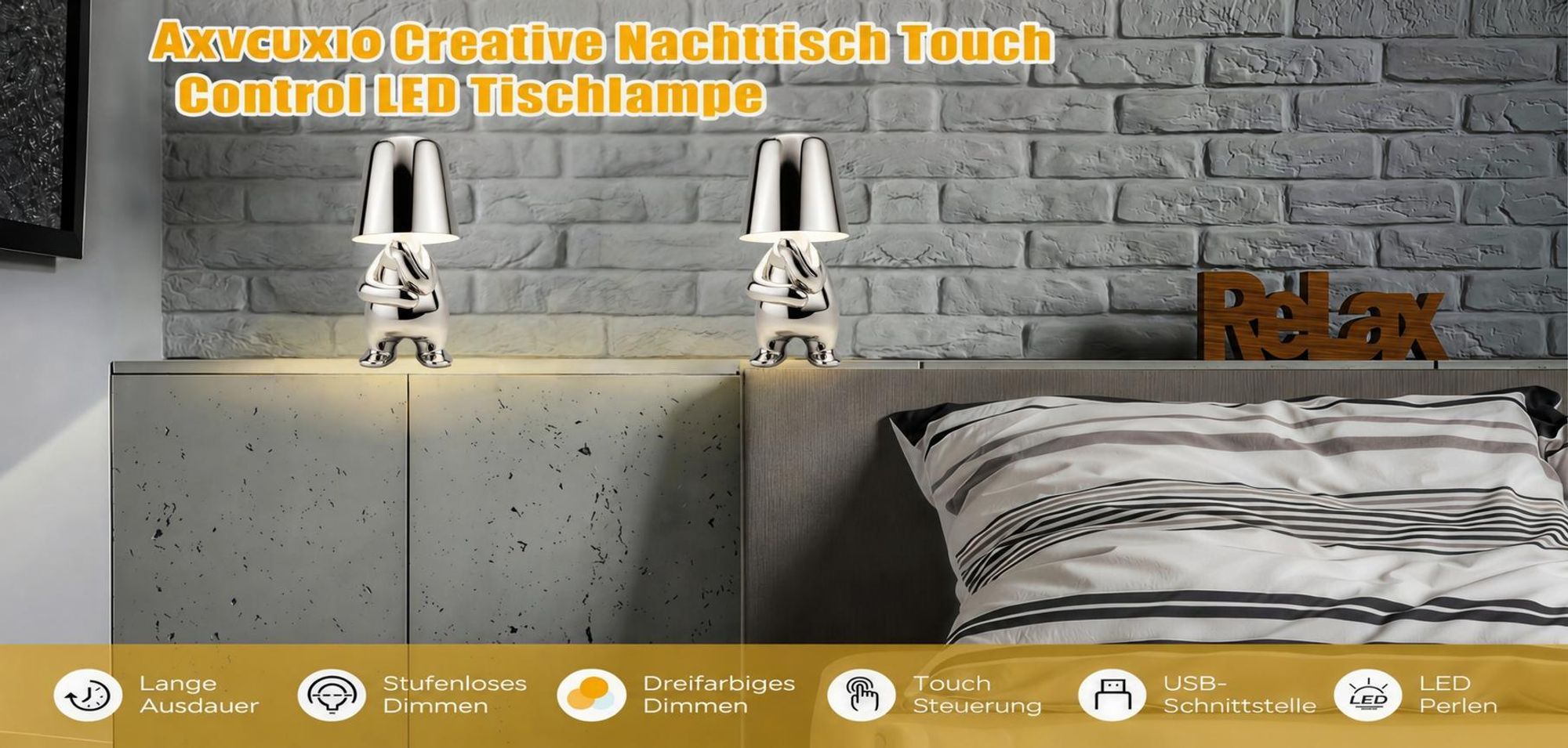 Thinker-Statue LED Nachttischlampe mit Touch-Steuerung,USB-Aufladung,3 Helligkeitsstufen,Kabellose Dimmbare Tischlampe,Dekorative Nachtlicht(SilverE)