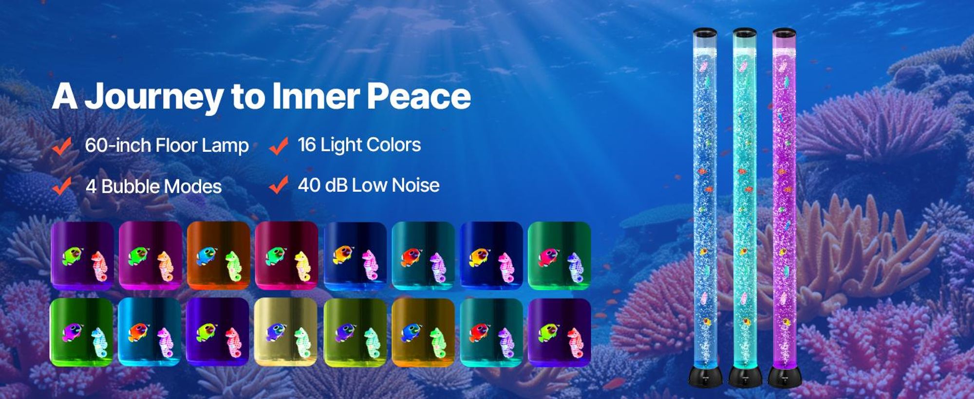 VEVOR Lavalampe mit 10 schwimmenden Fischen, 151 cm, Blasenlichtlampe, 16 Farbwechsel-Lichteffekte, Fernbedienung, Stimmungslicht, Aquarium Nachtlicht für Schlafzimmer, Wohnzimmer, Heimdekoration