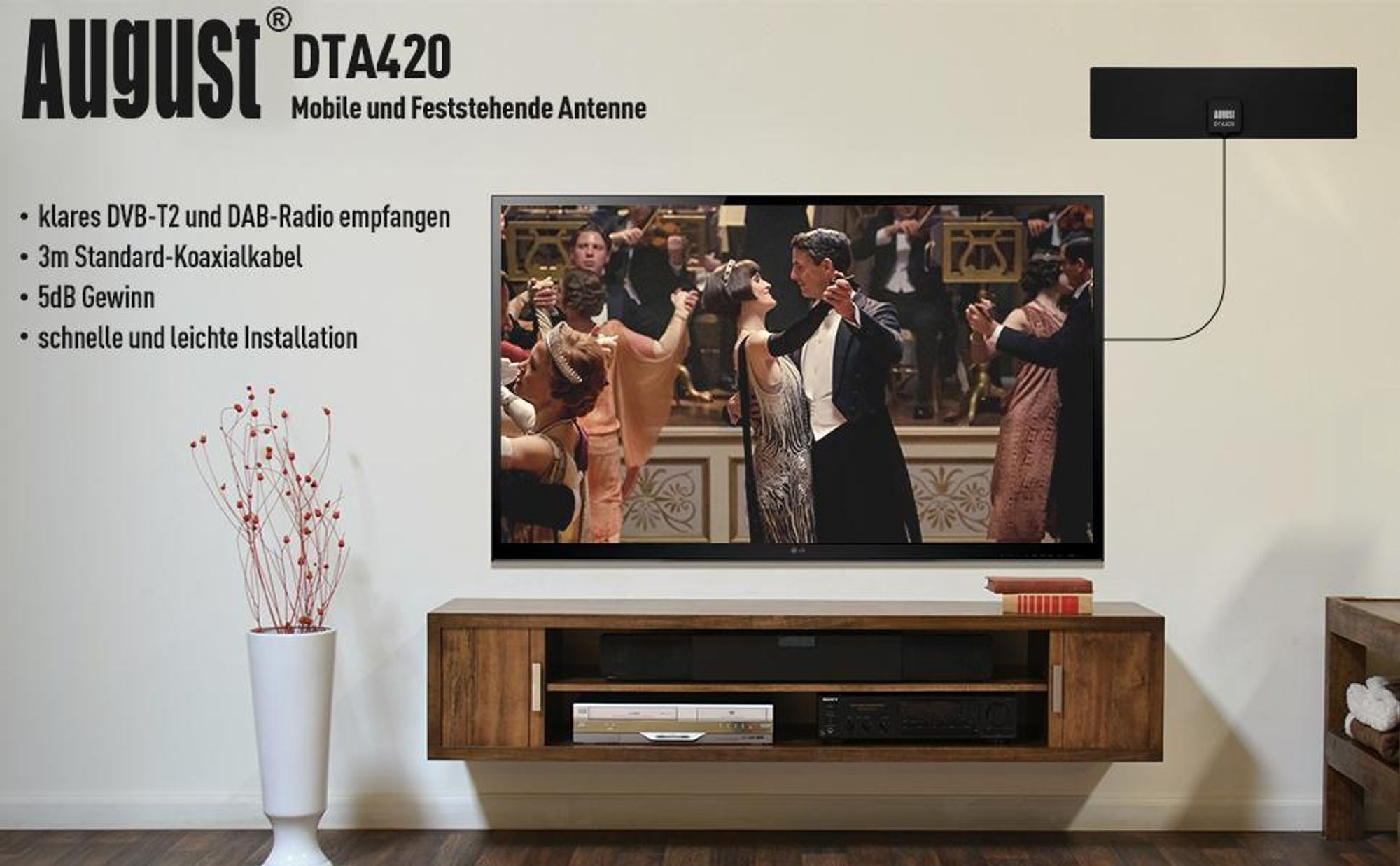 DVB-T2 Innenfenster/Wandmontage Antenne 5db Verstärkungsgewinn - August DTA420