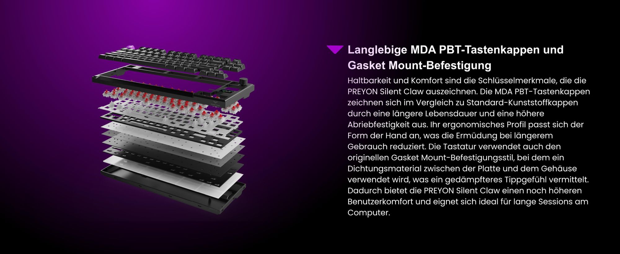 PREYON SILENT CLAW Tastatur Gaming-Tastatur - Gateron Yellow Pro 3.0 Gasket Mount - LCD Anzeige - ohne Zifferntastatur - RGB-Beleuchtung