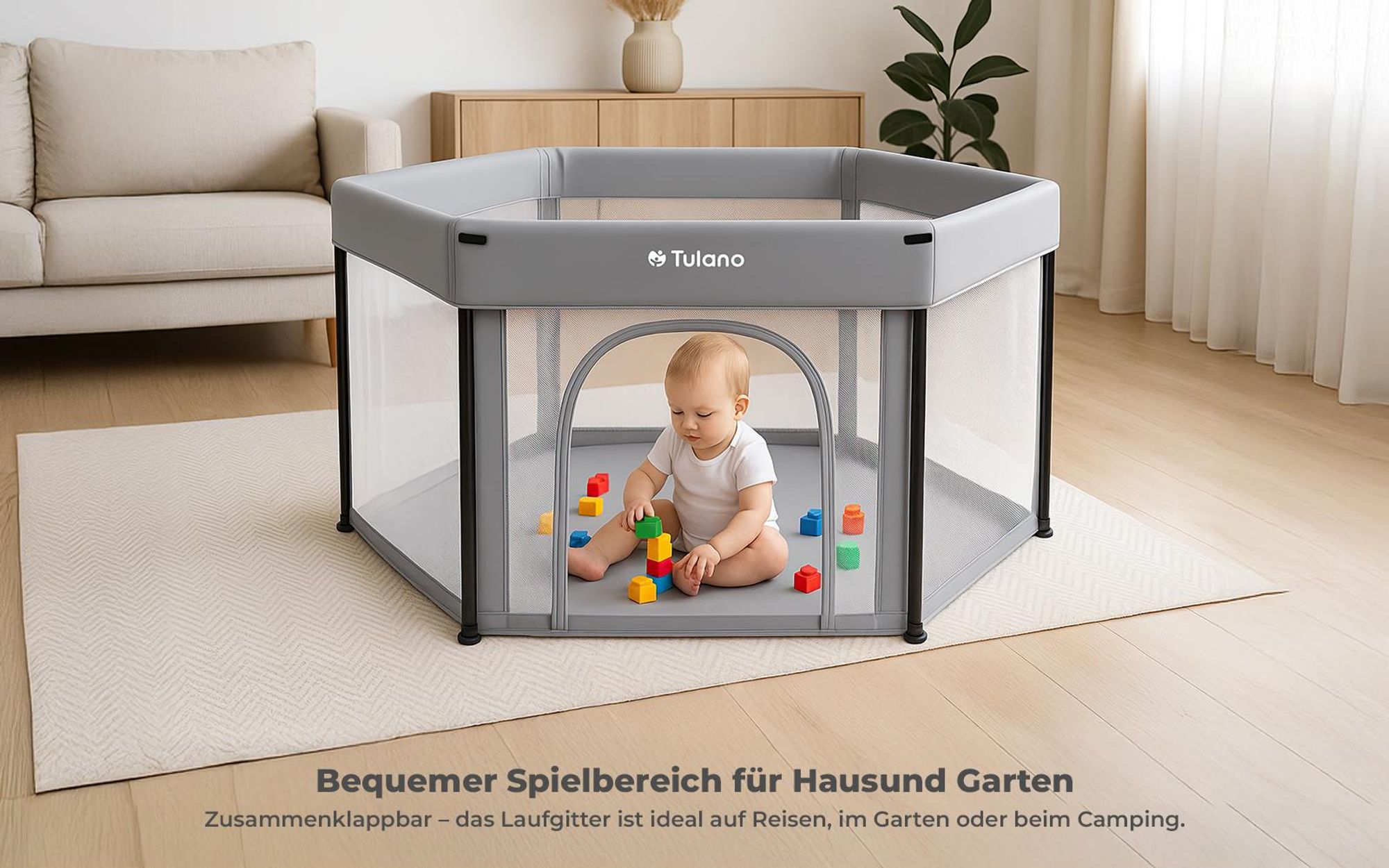 Tulano Cozy 30 faltbares Baby-Laufgitter – mit Reißverschluss, Tasche, rutschfest, für drinnen & draußen, belüftet, EN 12227, 6–36 Monate, hellgrau