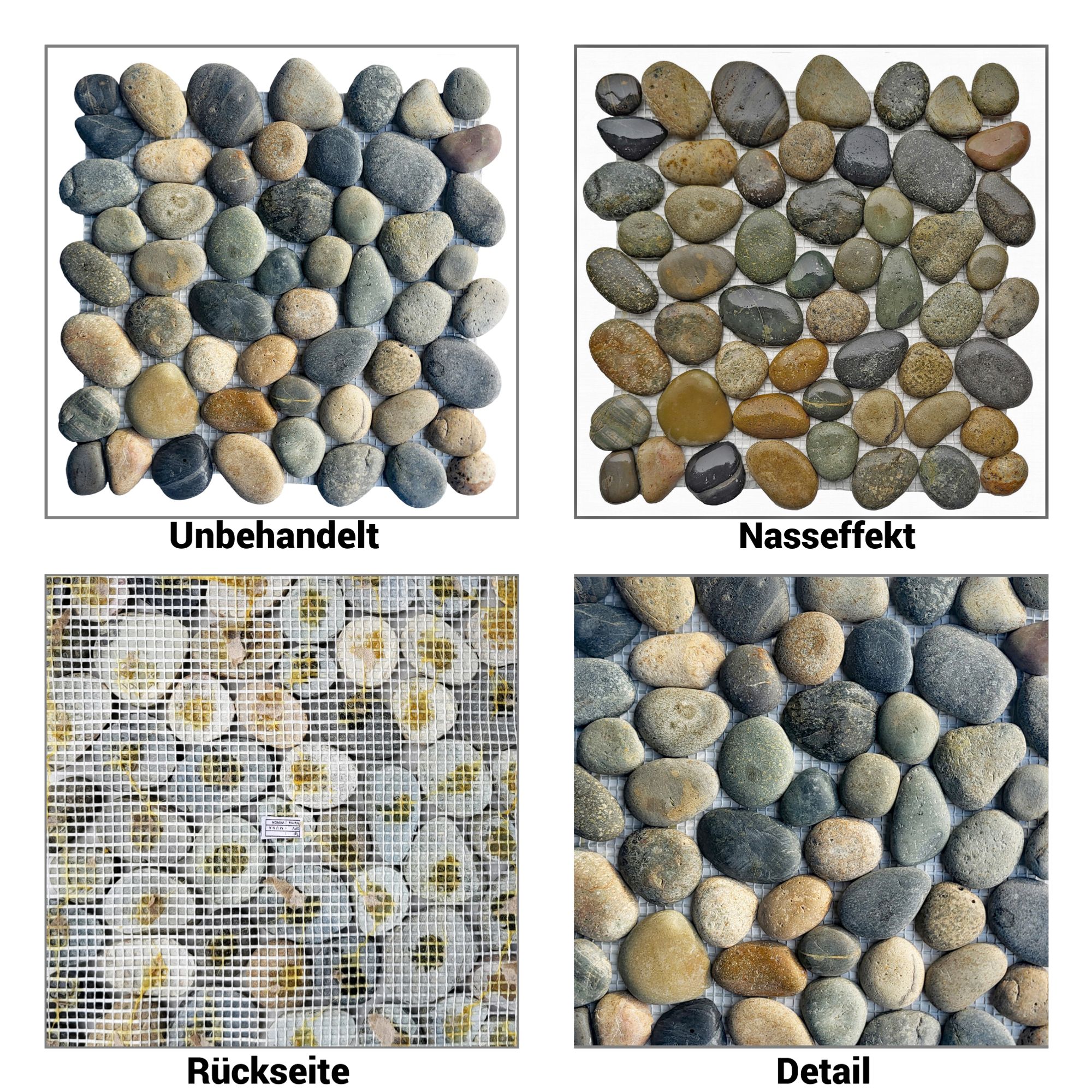 Premium Kieselstein-Mosaikfliese: unbehandelt, Nasseffekt, Rückseite und Detail in Nahaufnahme.