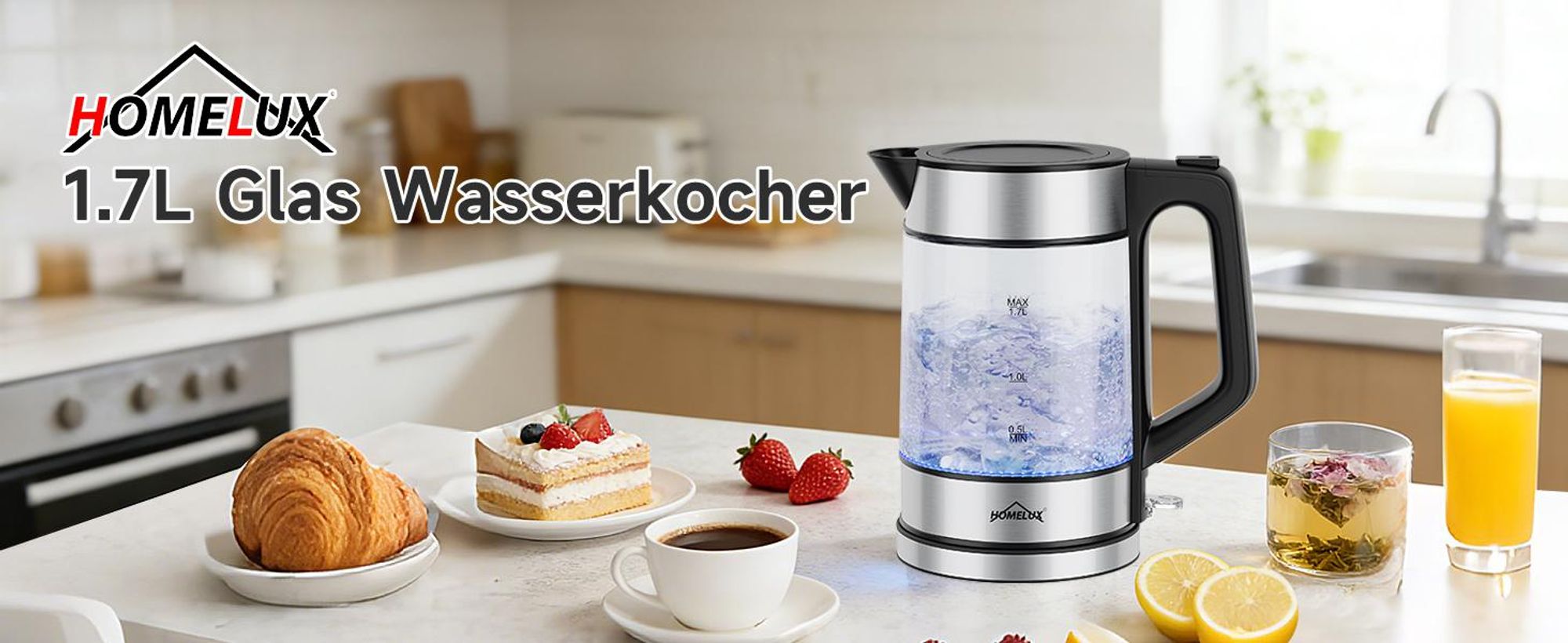 Wasserkocher Glas, 1.7 Wasserkocher Glas Mit Temperatureinstellung, 2200 Watt Kettle Durchsichtig Mit 360° Basis,Led-Beleuchtung