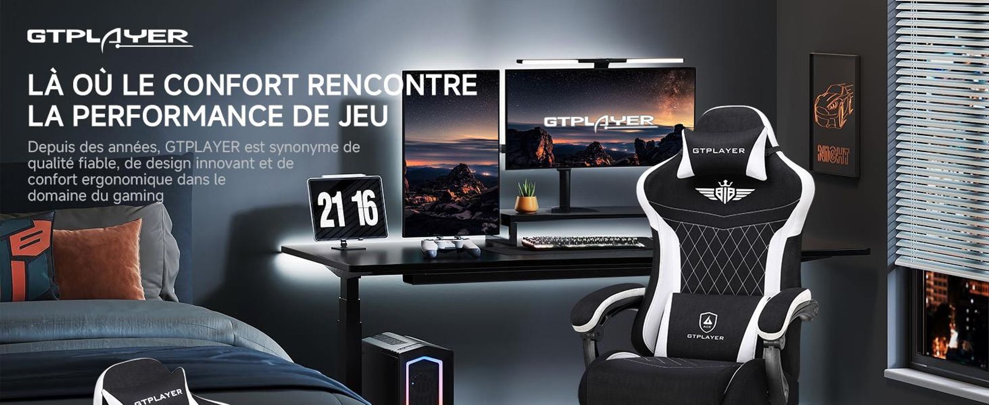 Chaise de jeu GTPLAYER, Chaise de jeu ergonomique en tissu avec soutien lombaire, Chaise PC avec dossier élargi, supporte jusqu'à 150 kg, Schwa