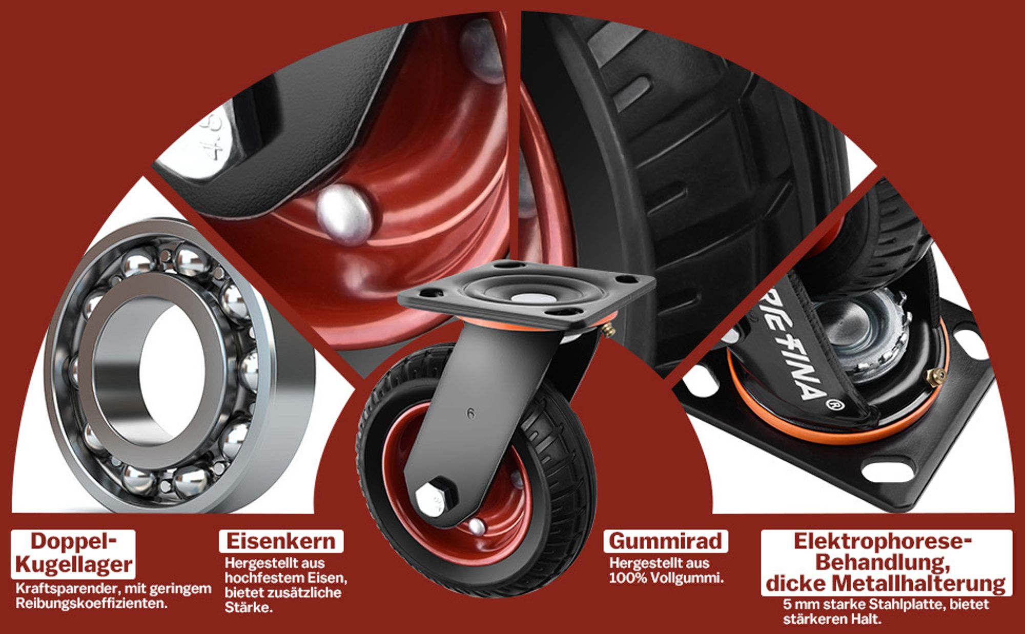 4stk Schwerlastrollen 150mm Lenkrollen mit Bremse, 360° Drehbar Transportrollen mit Deckplatte Vollgummi Rollen Max.1000kg(2 Lenkrollen 2 Bremsrollen)