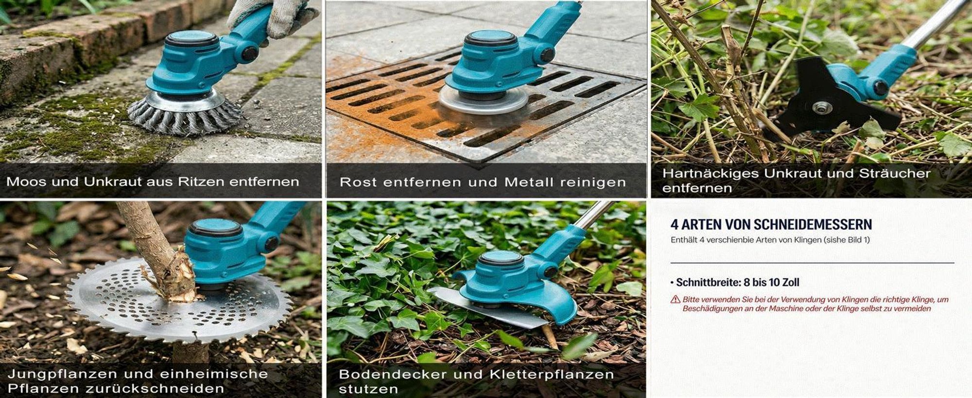 Akku Rasentrimmer, Digitale Anzeige Rasenkantenschneider, mit 2× 4000mAh Akku, mit 5 Klingentypen, Bürstenloser Motor, Gartengerate mit Unkrautbürste