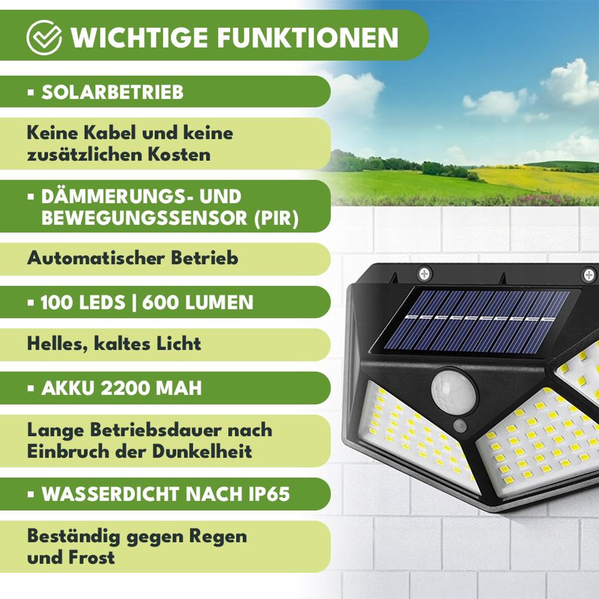 KRUMAD Solarleuchte Außen 100 COB 600 lm mit Bewegungsmelder & Dämmerungssensor, 3 Modi, IP65, 120° Abstrahlwinkel - für Garten, Terrasse, Wand