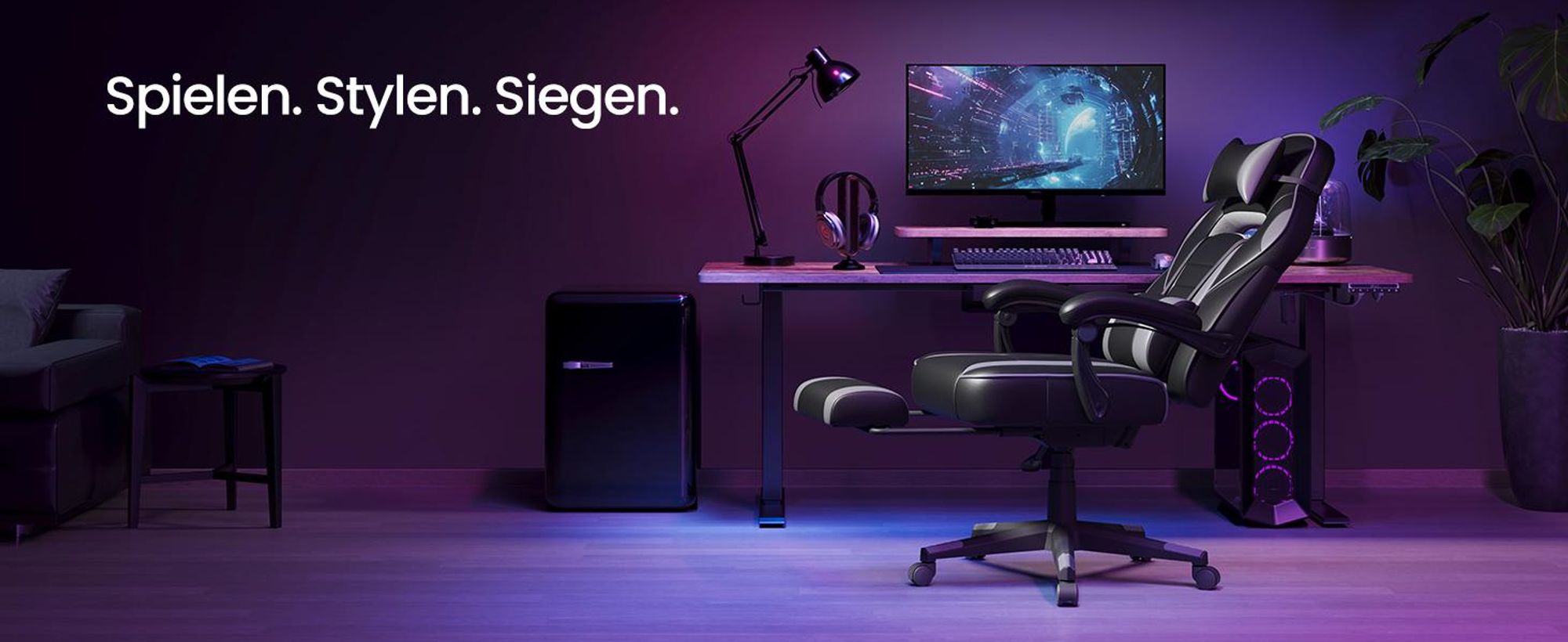 SONGMICS Schreibtischstuhl, ausziehbare Fußstütze, tintenschwarz-taubengrau