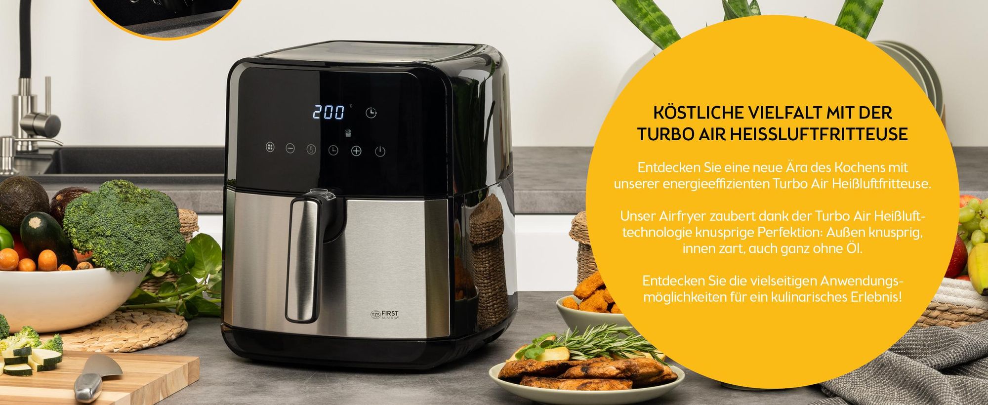 TZS First Austria Heißluftfritteuse 5L, 8 Programme, 1700W, Verzögerungstimer, Airfryer Ohne Öl & Fett, Edelstahlkorb, Kompaktfriteuse, Friteuse Heissluft Digital