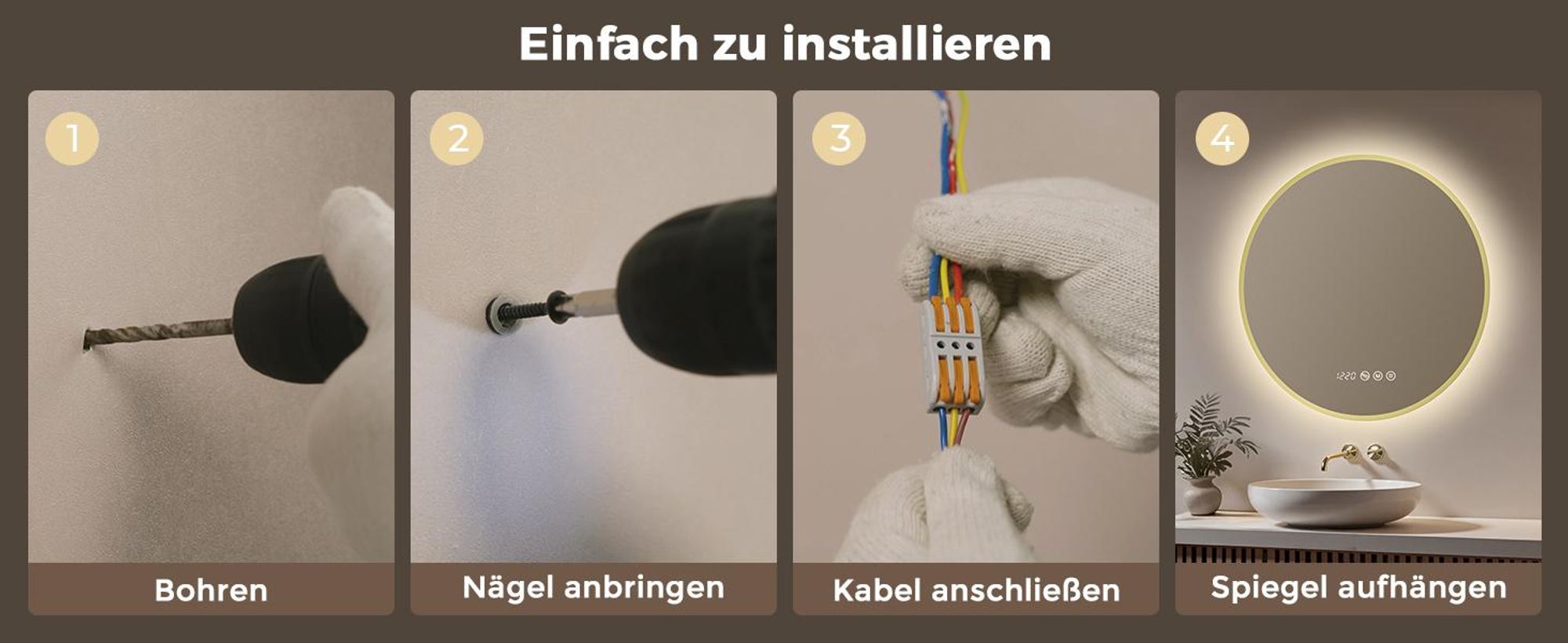 S'AFIELINA LED Badezimmerspiegel Rund Ø70 cm, Goldener Rahmen, 3 Lichtfarben, stufenlos dimmbar, Antibeschlag, Uhr & Temperaturanzeige, Memory