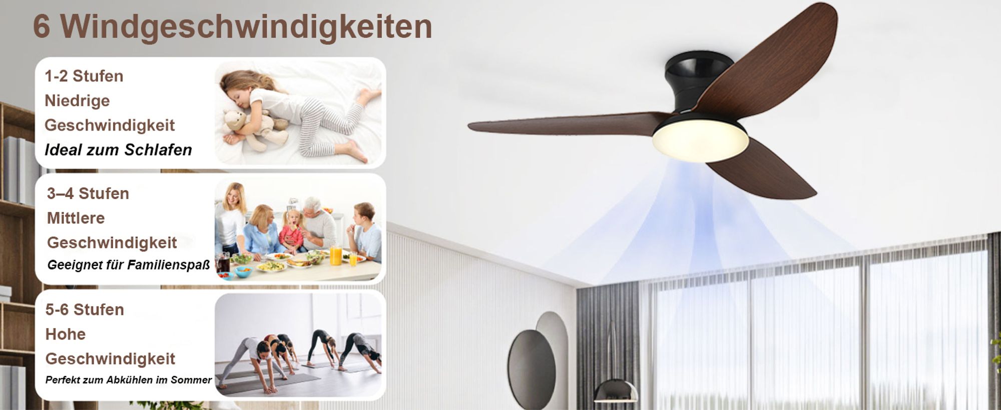 100cm Deckenventilator mit Beleuchtung und Fernbedienung DC Motor 3 Farbtemperatur Dimmbar 6 Stufen APP-Steuerung