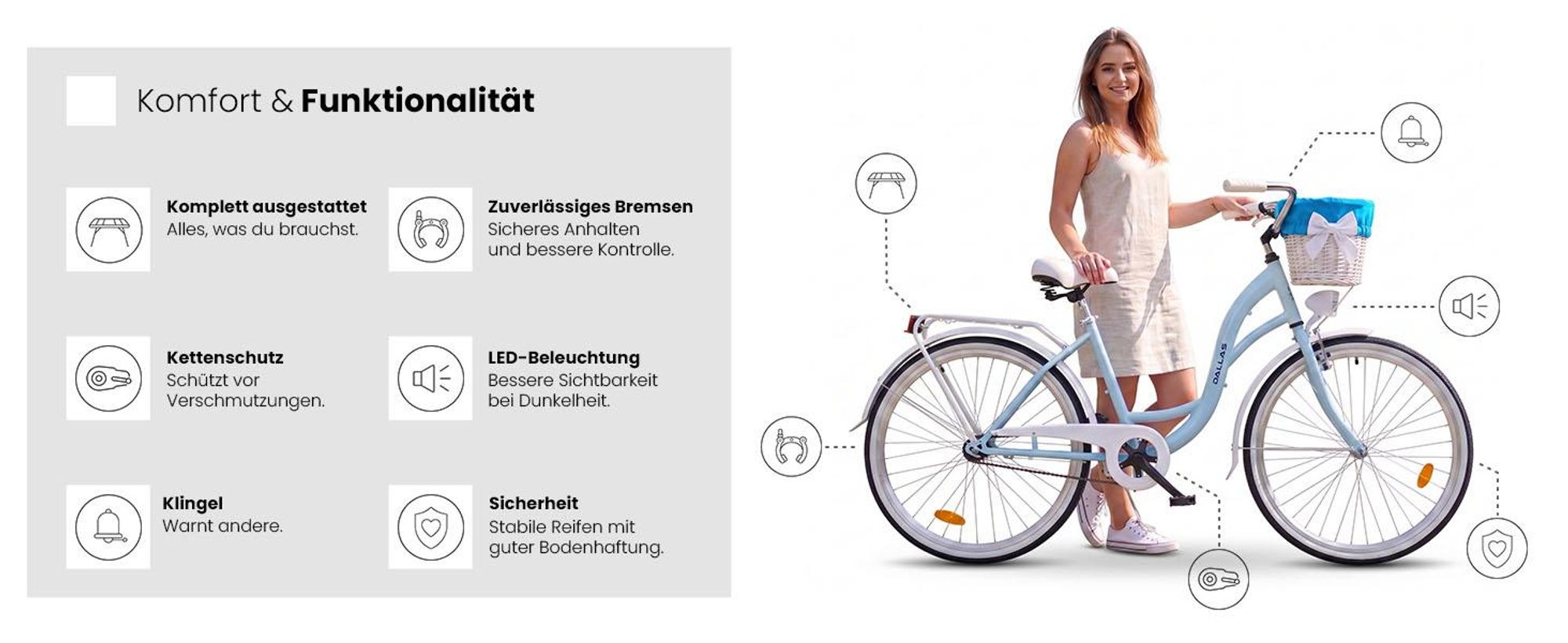 Dallas Bike Damenfahrrad 26 Zoll - Mit Weidenkorb - 1-Gang Rücktritt - Rahmen M 17" - Blau-Weiß