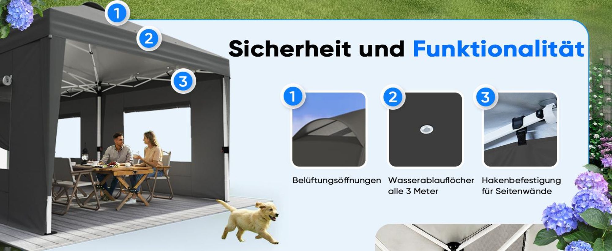 Quictent Pavillon 3x6m Faltpavillon EIN-Tasten-Zentralverriegelung,Wasserdicht UV-beständig, Gartenpavillon faltbar mit 6 Seitenwänden, Grau