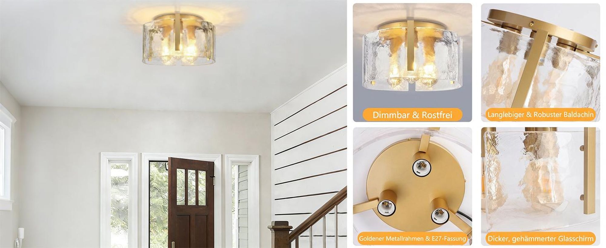 Deckenleuchte Moderne Golden Deckenlampe mit Glasschirm E27 3-Flammige Kronleuchter für Wohnzimmer, Flur, Esszimmer