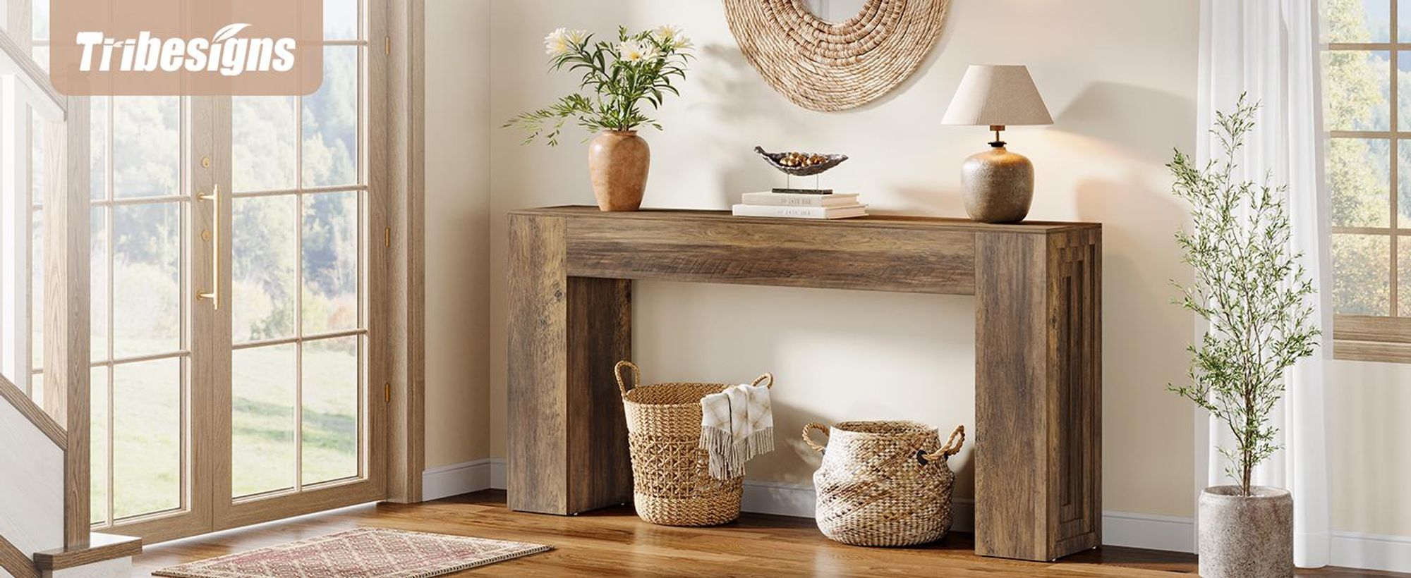Tribesigns Konsolentisch, 160 cm lang Eingangstisch, schmaler Sofatisch im Landhausstil für Wohnzimmer, Eingangsbereich, Flur, Foyer, Naturbraun
