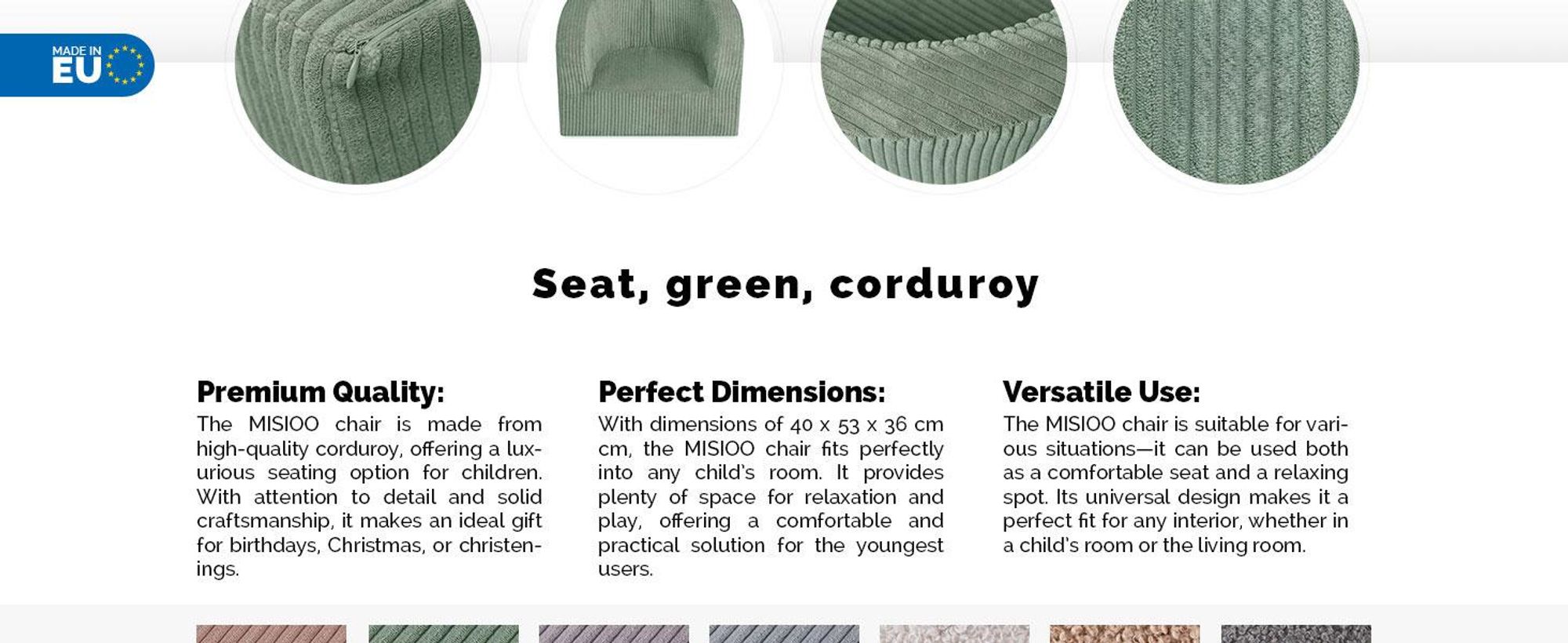 MISIOO Detské kreslo od 1 roka - Detské kreslo Corduroy Premium - stabilné a mäkké - ergonomicky polstrované - 40x53x36 cm
