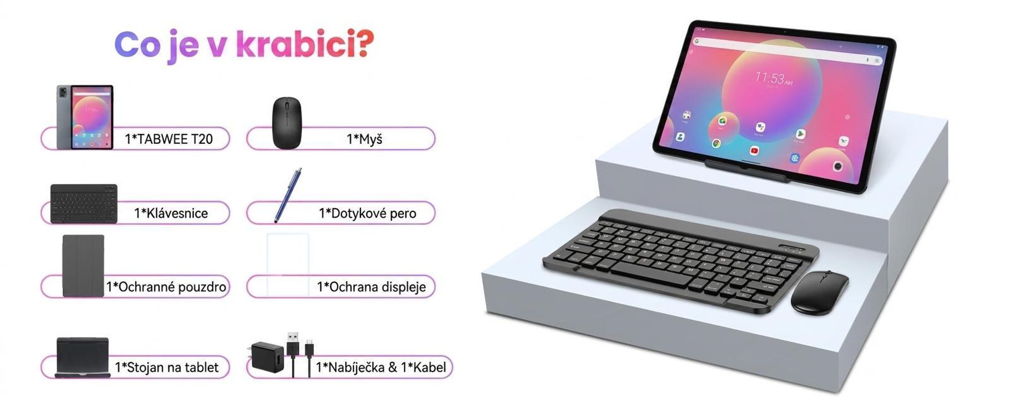 TABWEE T20 Android 16 tablet 10,1 palce, 24+256 GB s příslušenstvím tabletový počítač, Face ID, Widevine L1, 5G WiFi, Gemini AI, 8MP + 5MP, GPS