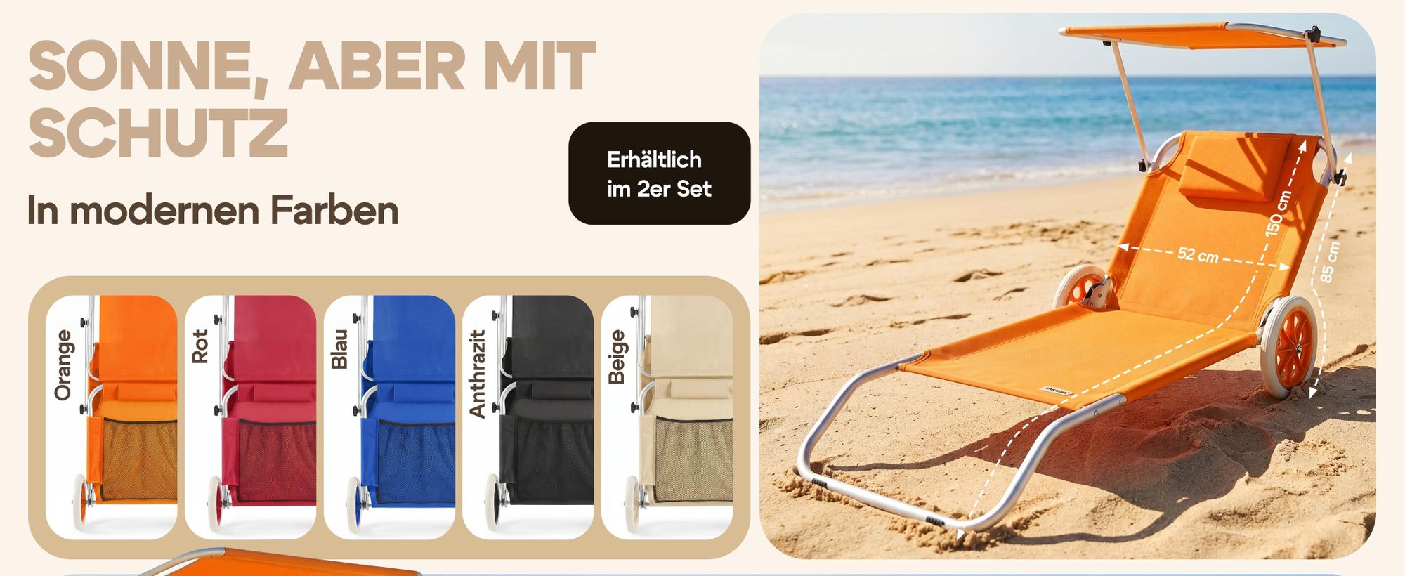 CASARIA Sonnenliege klappbar mit Sonnendach und Rädern Beige