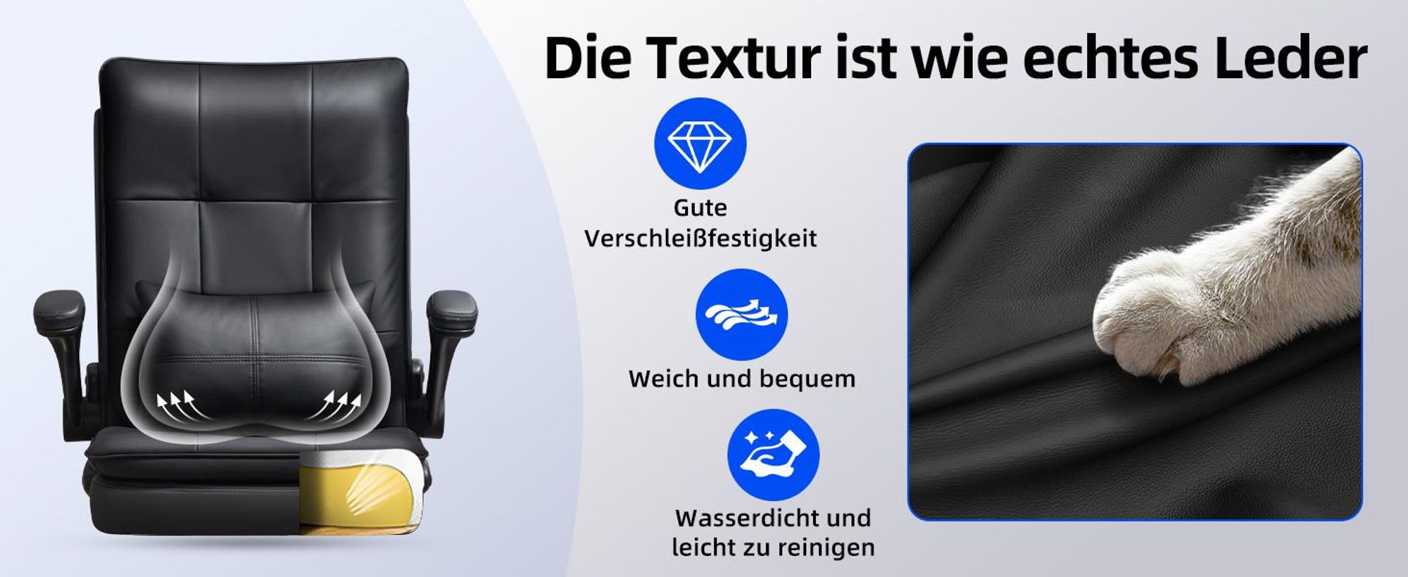 Echtleder-ähnliche Textur, verschleißfest, weich und bequem, wasserdicht und leicht zu reinigen