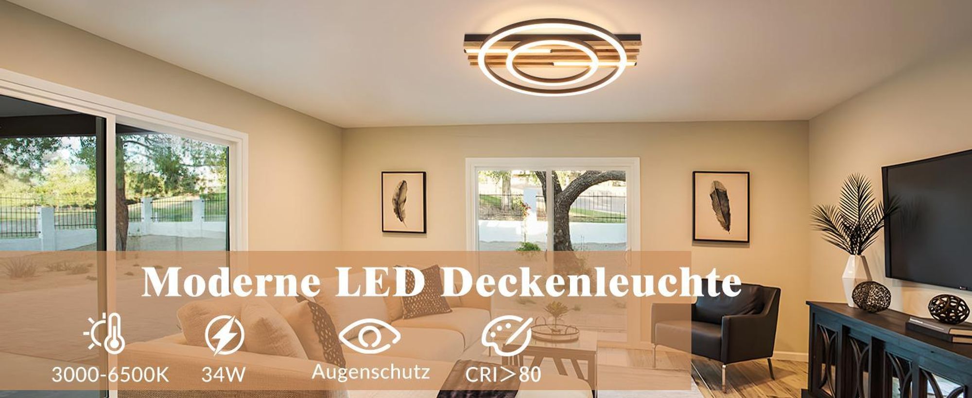 ZMH LED Deckenlamape 34W Holz Deckenleuchte Dimmbar 55CM Schlafzimmer Lampe 2 Ring wohnzimmerlampe Fernbedienung für Schlafzimmer Küche Esszimmer Rund