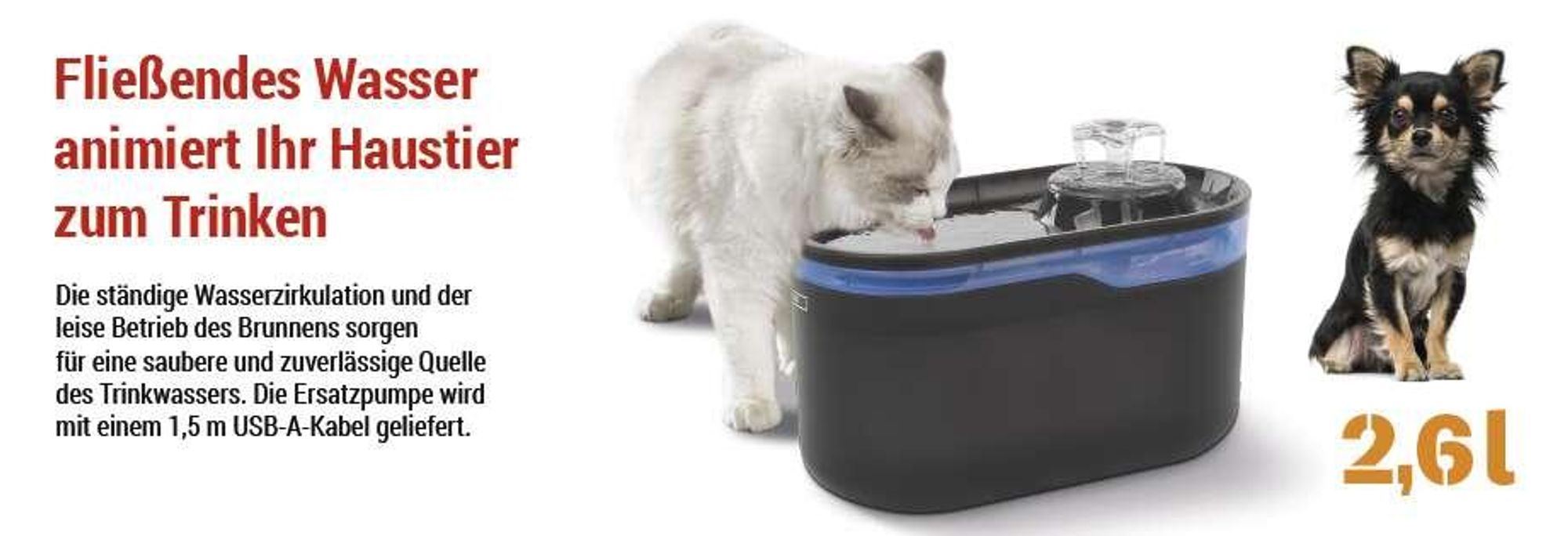 EMOS Ersatzpumpe für Katzenbrunnen inkl. Ladekabel und Schaumfilter, Pet Care Wasserpumpe geeignet für Wasserbrunnen EMOS H6101, weiß, H6902