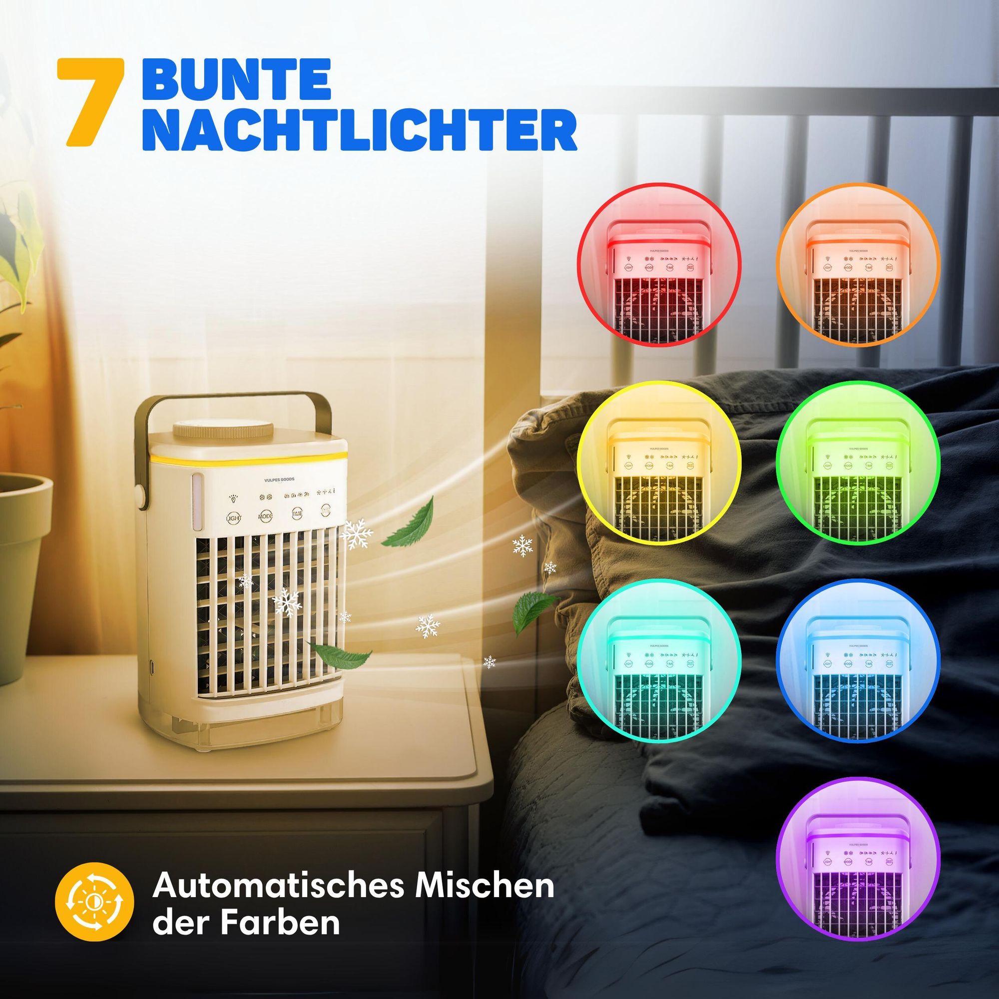 Vulpes Goods Mini-Klimaanlage, Mobile Klimaanlage, Luftkühler 4-in-1, 4 Windgeschwindigkeiten, 2 Luftbefeuchtungsmodi, Timer, Auslaufsicher