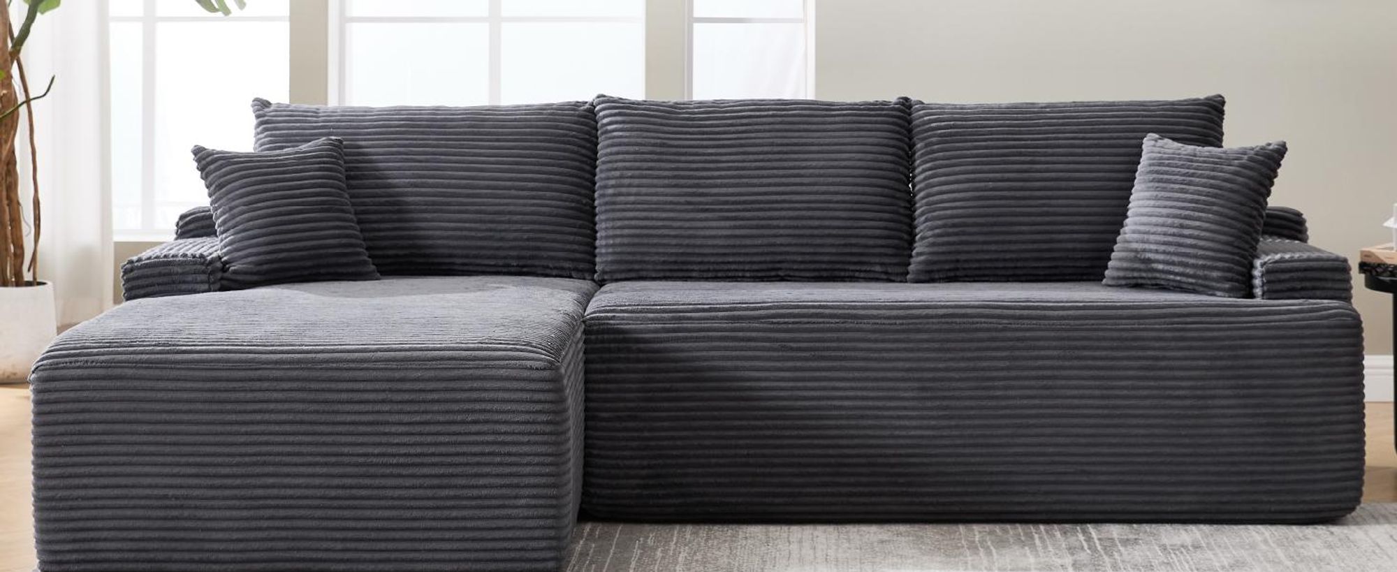 Juskys Sofa Coredo - Dunkelgrau, moderne Couch aus Cord mit Kissen, Ottomane links