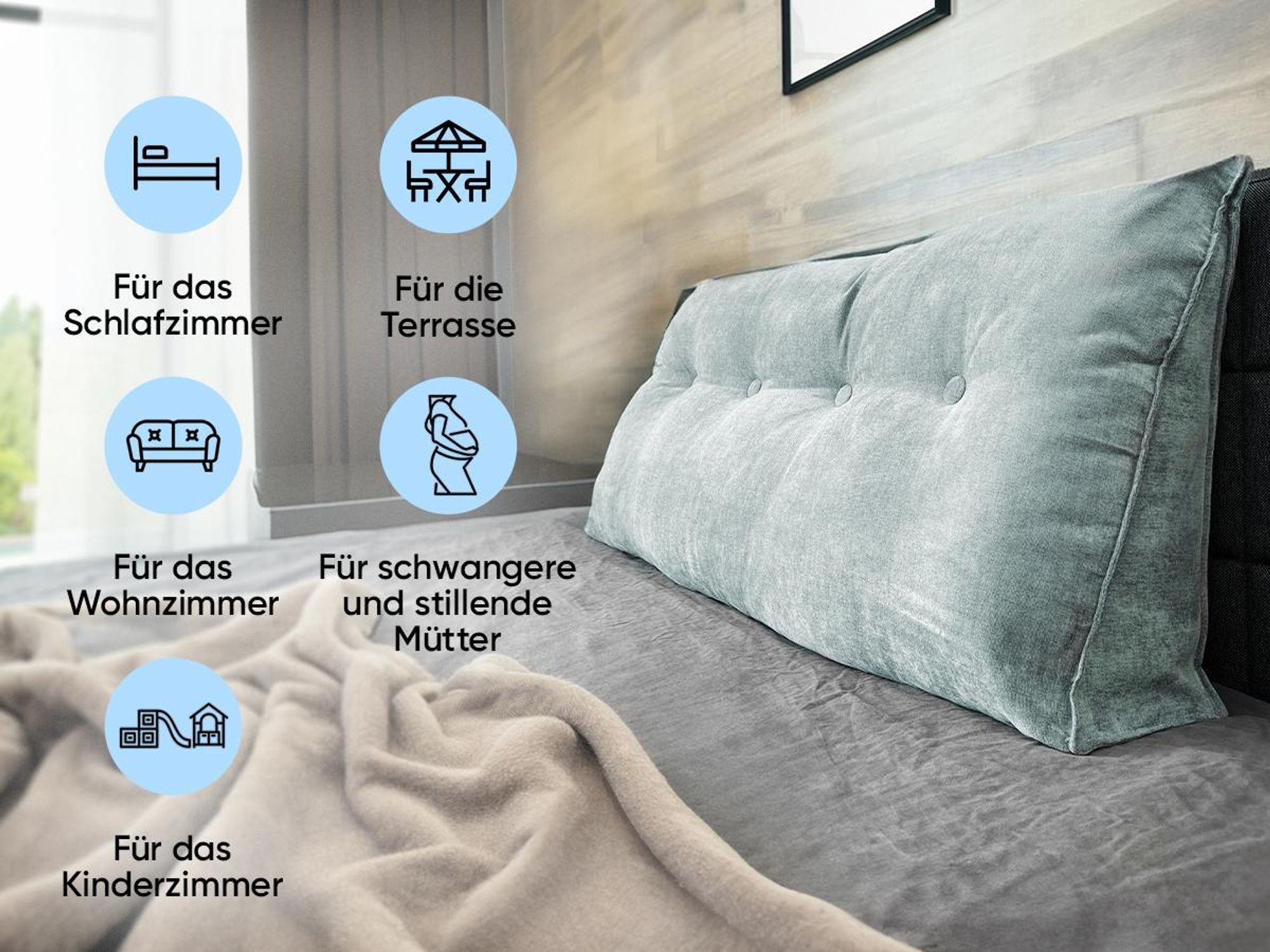 Einsatzbereiche des Kissens: Schlafzimmer, Terrasse, Wohnzimmer, Kinderzimmer.