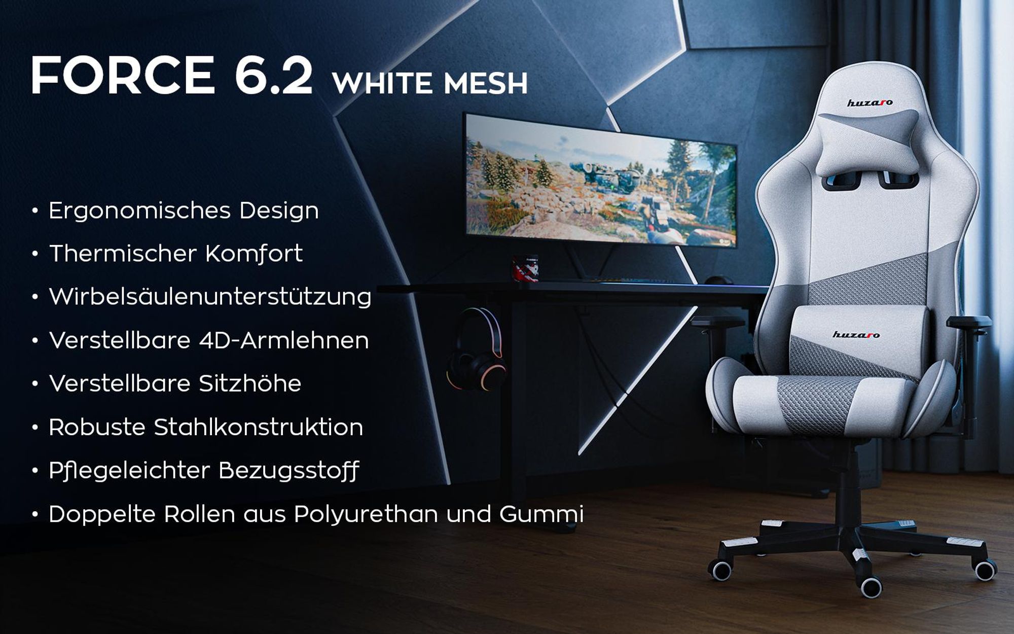 Huzaro Force 6.2 | Gaming Stuhl Bürostuhl Schreibtischstuhl Gamer Stoff | bis 130 kg belastbar | Höhenverstellbar Kopfstütze Lendenstütze | Weiß