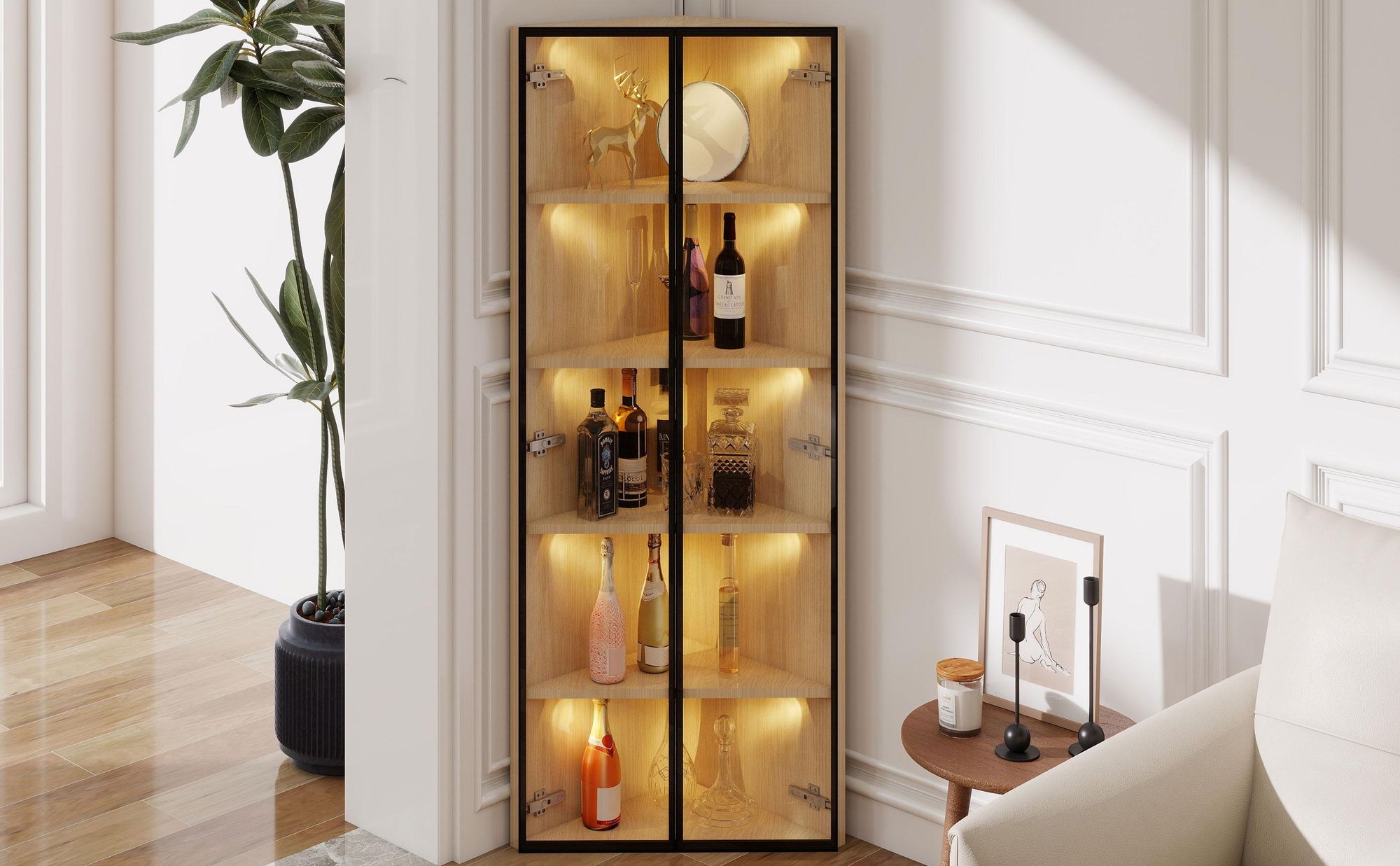 Merax Glasvitrine mit LED Licht, Eckvitrine Hochschrank mit Zwei Glastüren, Stehend Vitrinenschrank, Badezimmerschrank, 62x35x160cm, Oak