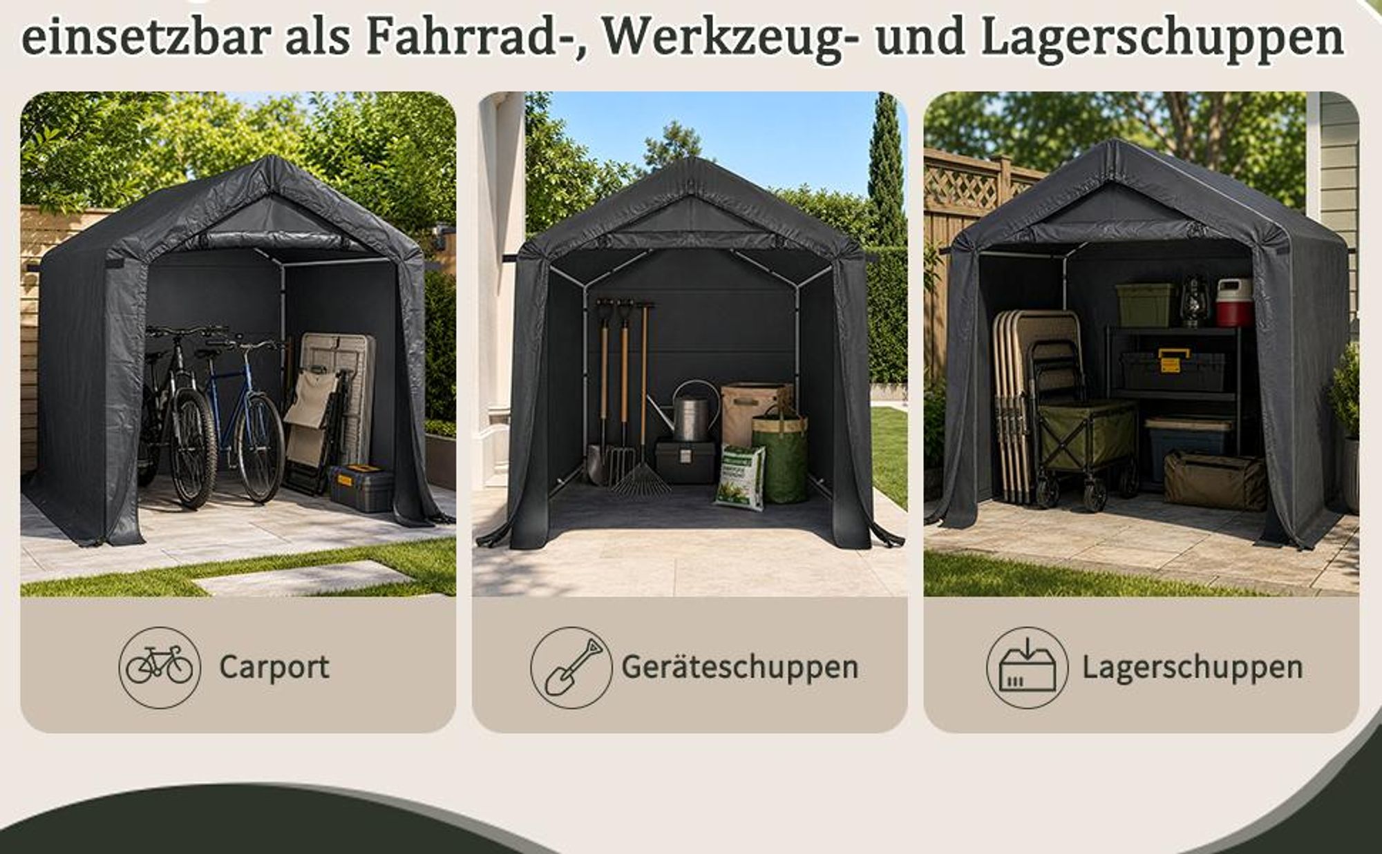 FCH 180X180X205CM Gerätehaus Garagenzelt Carport Folienzelt Gartenschuppen Fahrradgarage Lagerzelt Foliengerätehaus Geräteschuppen Gerätehaus,Schwarz