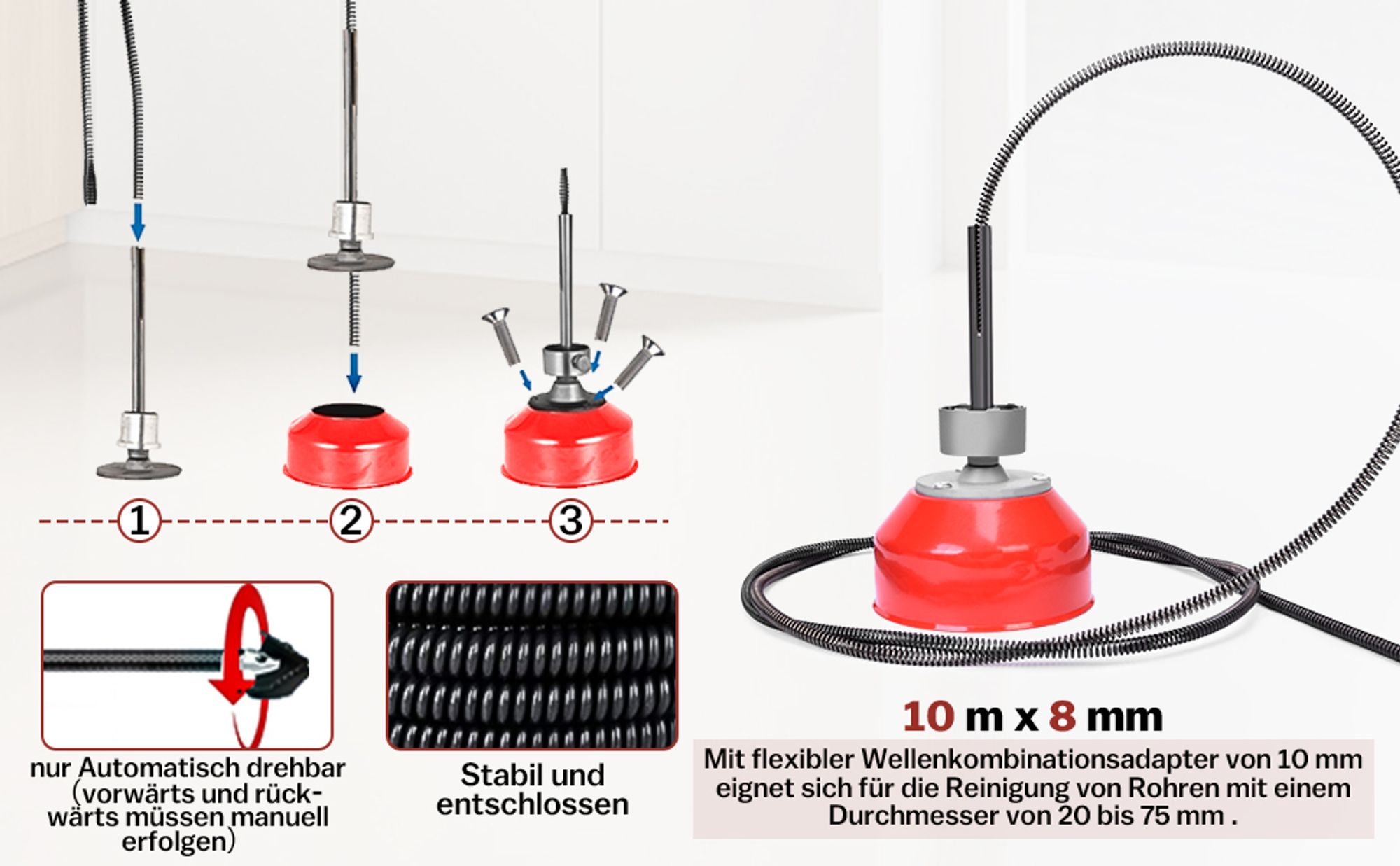 16mm 33M Spiralen Elektrische Rohrreinigungsmaschine 390W 450U/min für Ø20-100mm Spirale Ø8mm 10M, Rohrreinigungsgerät Rohrreiniger Abflussreiniger