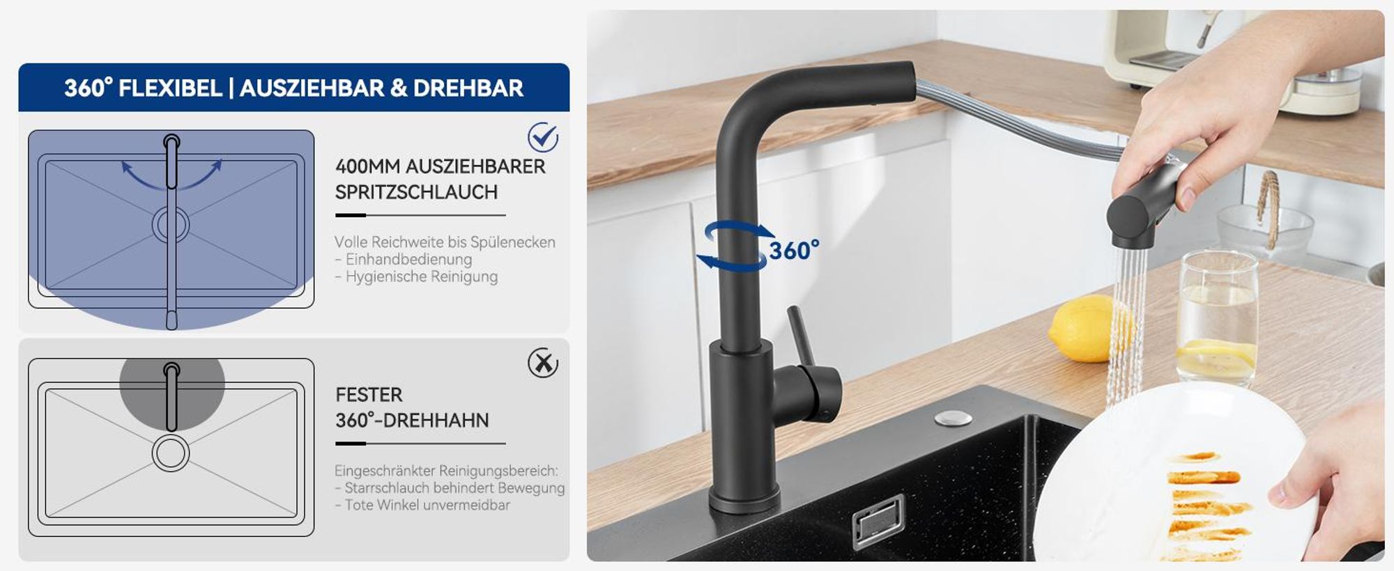 CECIPA MAX Granit-Spülbecken Schwarz 50x45cm, 80% Quarzsand Küchenspüle mit Siphon & Überlauf, Schwarze Auszieharmatur mit 2 Wasserstrahl-Arten