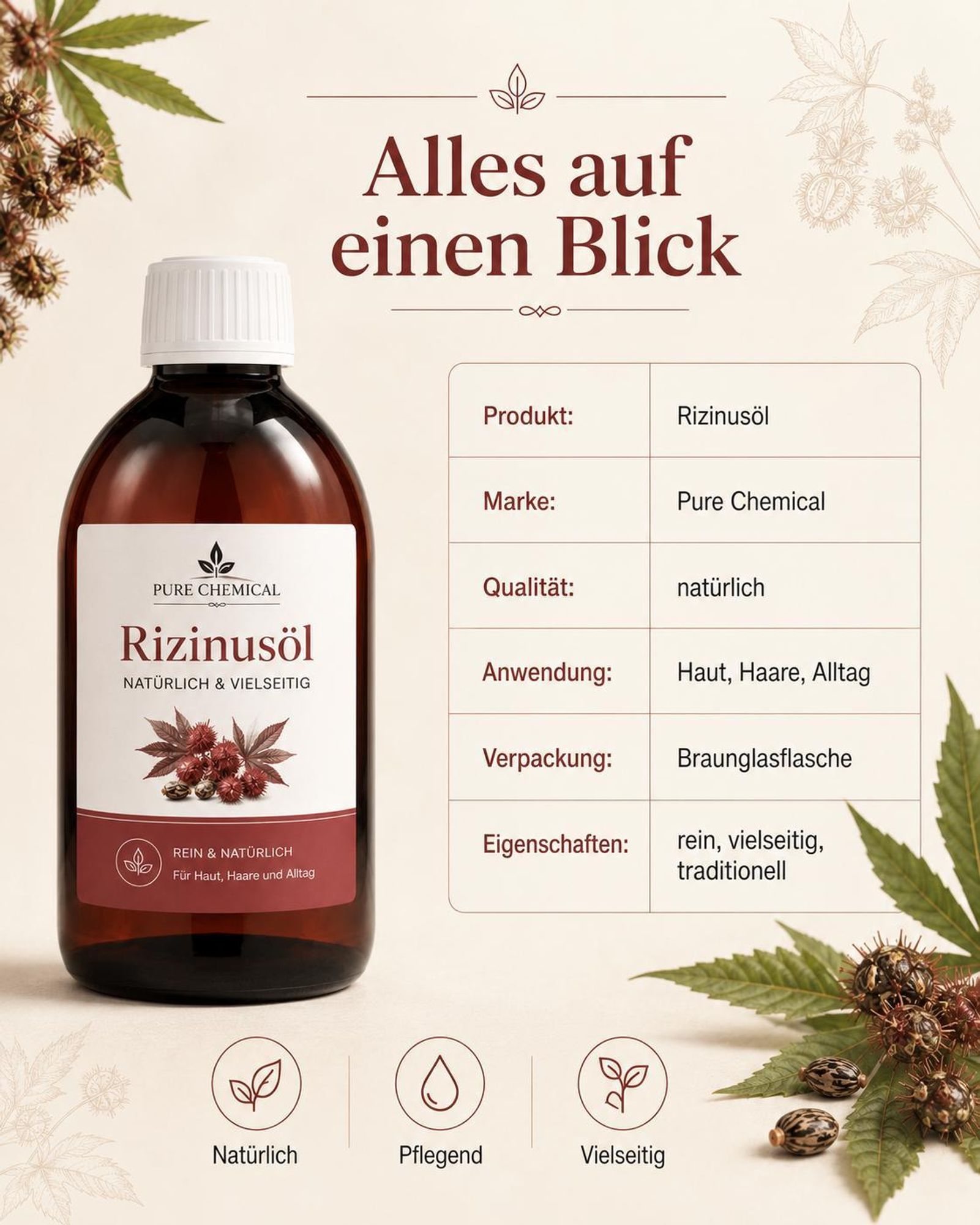 PURE CHEMICAL | Rizinusöl | unraffiniert | kaltgepresst | natürlich aus Indien | 1 L