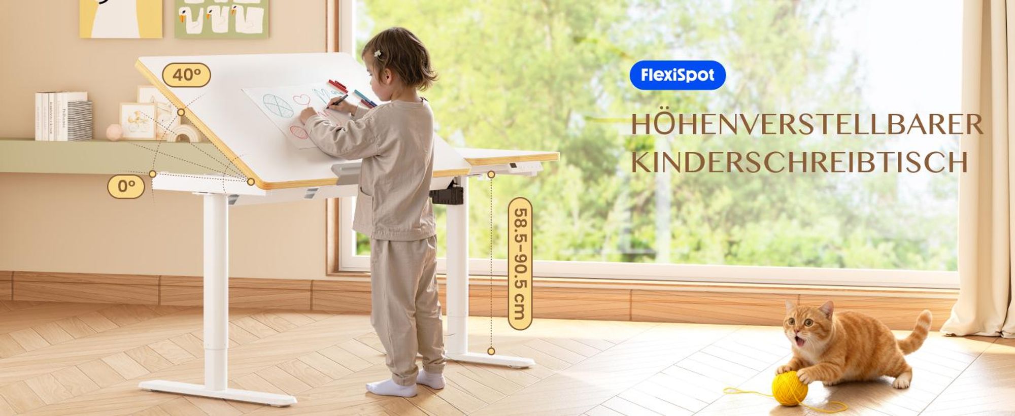 FLEXISPOT Kinderschreibtisch, Elektrisch höhenverstellbar mit neigbarer Tischplatte, LED-Höhenanzeige, 3 Speicherplätzen & Kindersicherung, 110×52 cm