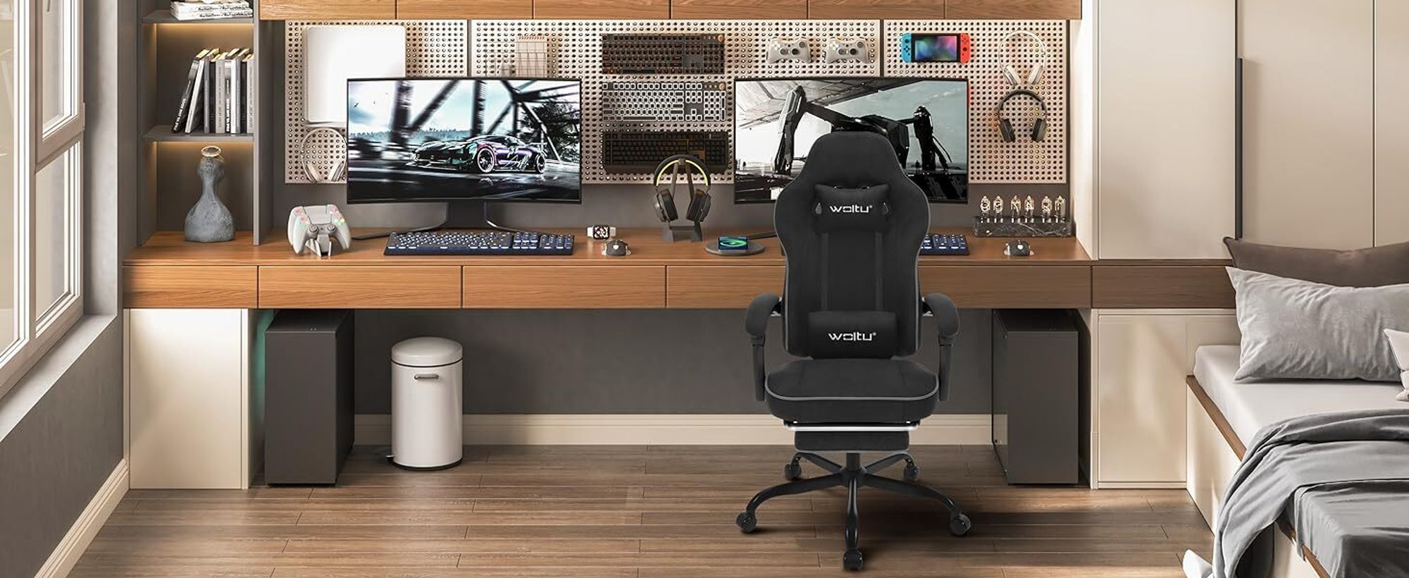 WOLTU Gaming Stuhl mit Taschenfederkissen, ergonomischer Drehstuhl, Tech-Stoff, Schwarz