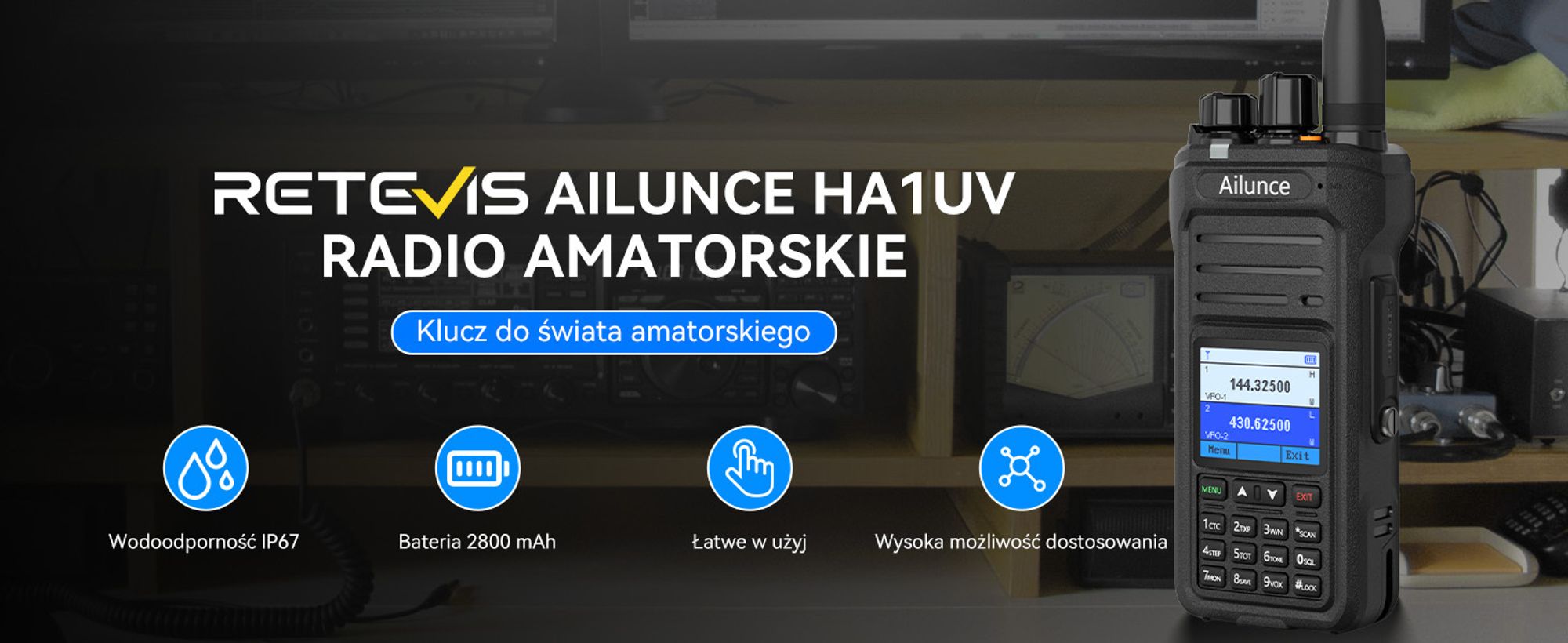 Radiotelefon Retevis Ailunce HA1UV, wodoodporne IP67, 2800 mAh, z funkcją repeatera, walkie talkie o dużym zasięgu do wędrówek na świeżym powietrzu