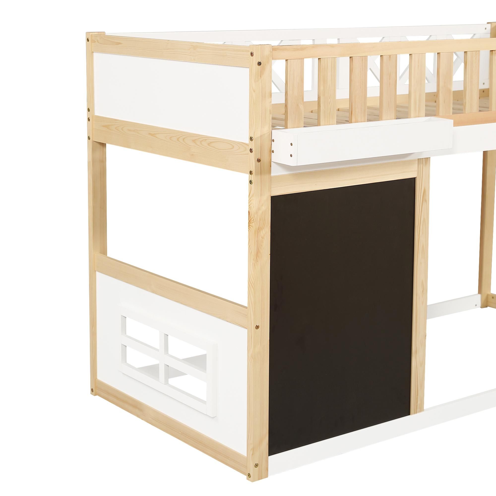 Flieks Etagenbett 90x200cm mit Tafel, Kinderbett mit Rausfallschutz und Lattenrost, Hochbett mit Aufbewahrungsbox, Naturbelassen