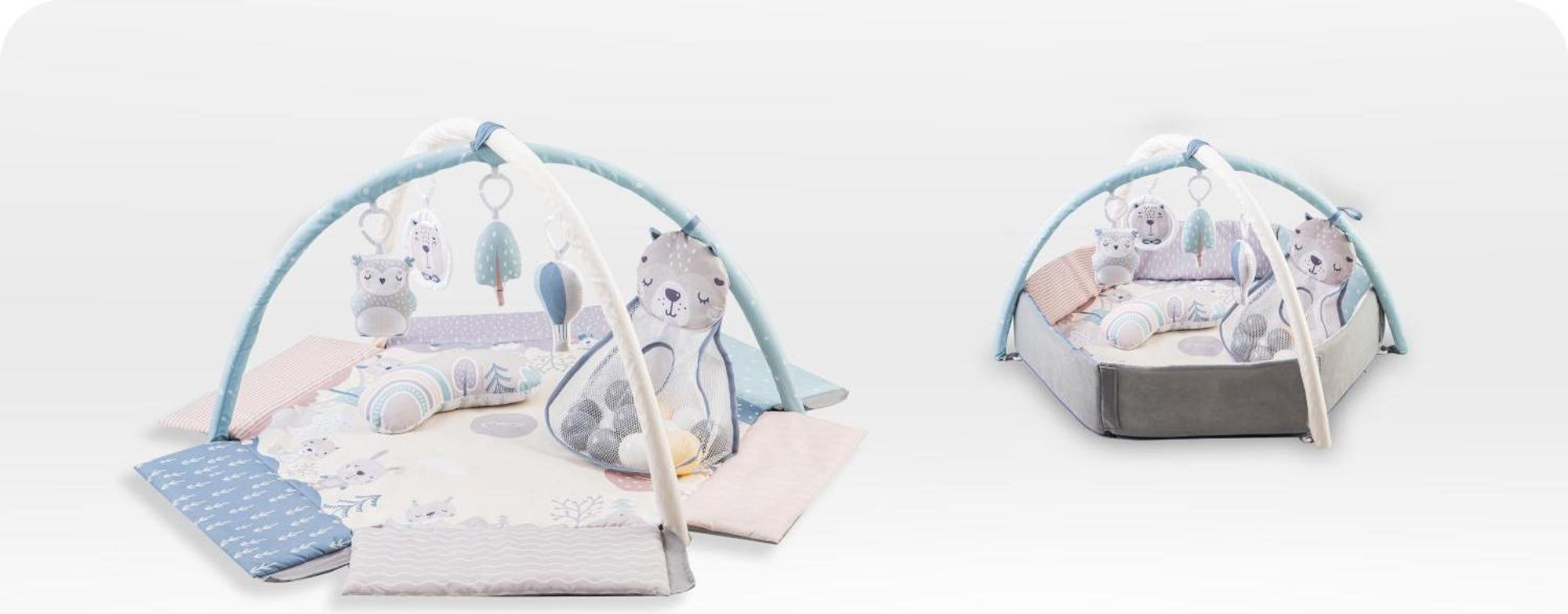 MoMi PASTEL Lernmatte Baby Matte - 5 Spielzeuge mit 30 sensorischen Bällen, 2 Spielzeugstangen, Sensorische Aktivitätsmatte