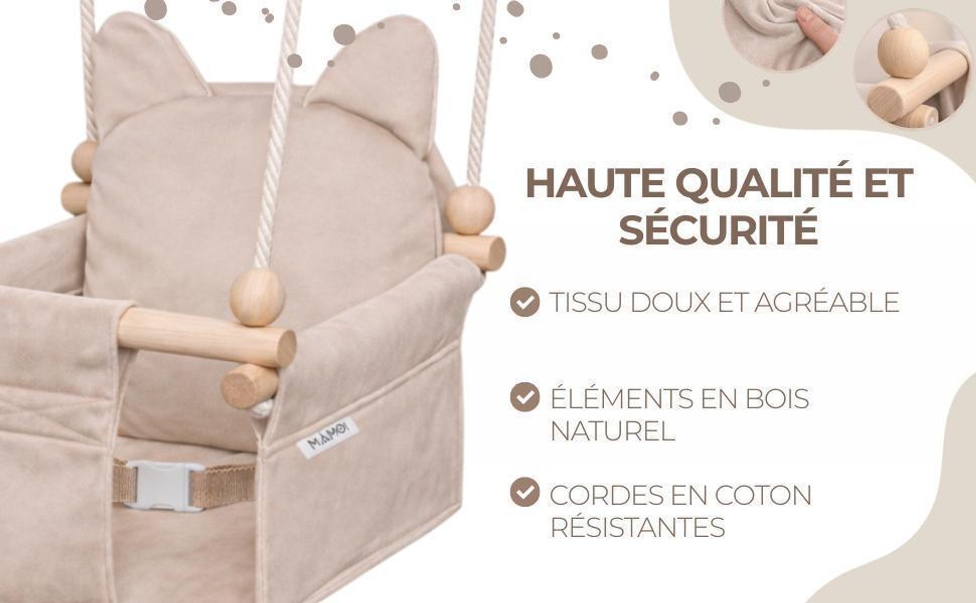 MAMOI Balançoire enfant avec ceinture de sécurité, hauteur réglable 150–190 cm, balançoire pour la maison, structure stable, assise en velours