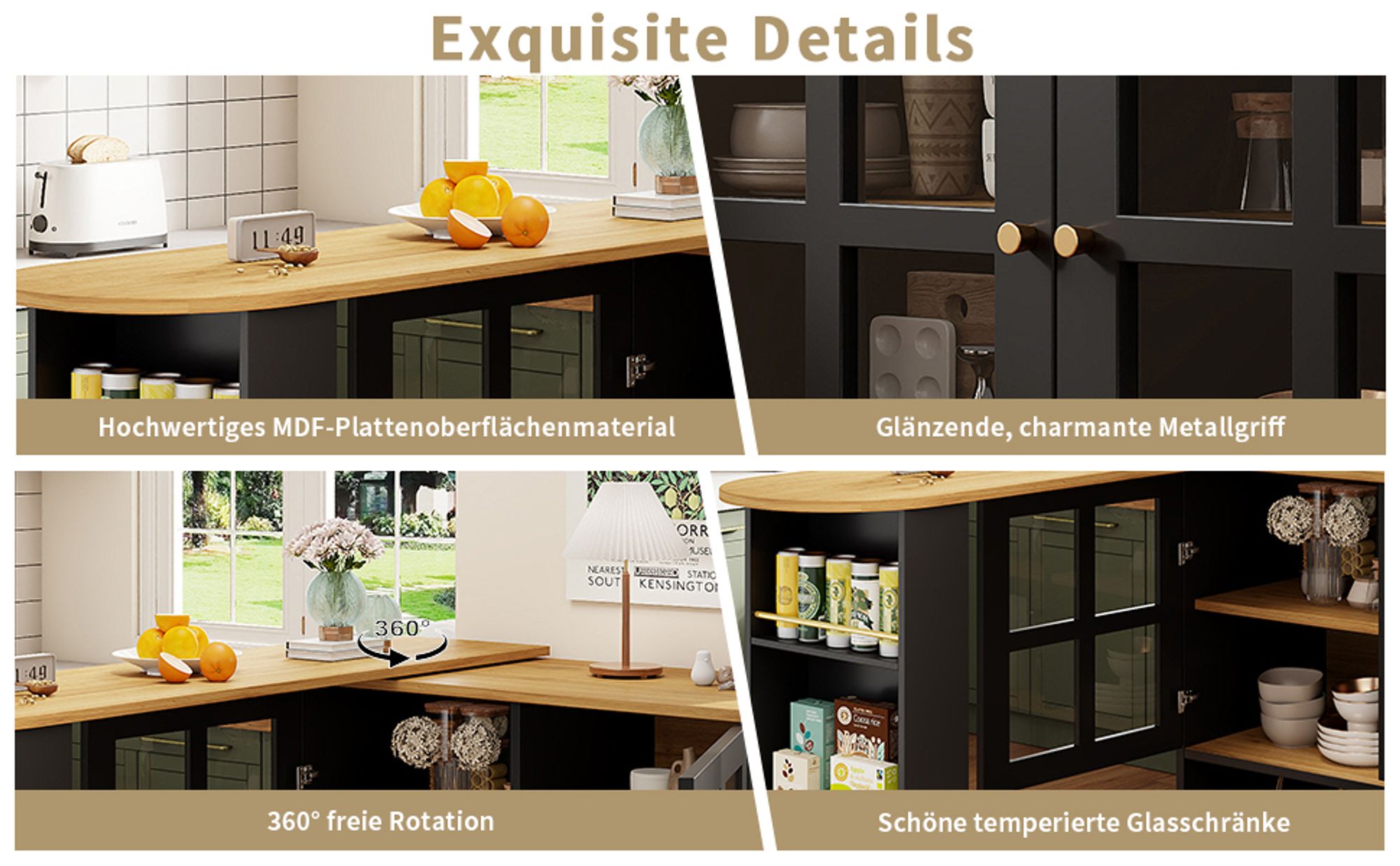 Flieks multifunktionaler Bartisch 360°drehbar, Stehtisch mit Sideboard, Küchentisch ausziehbar, Kaffeebar mit Schrank, Sideboard mit Glastür, schwarz