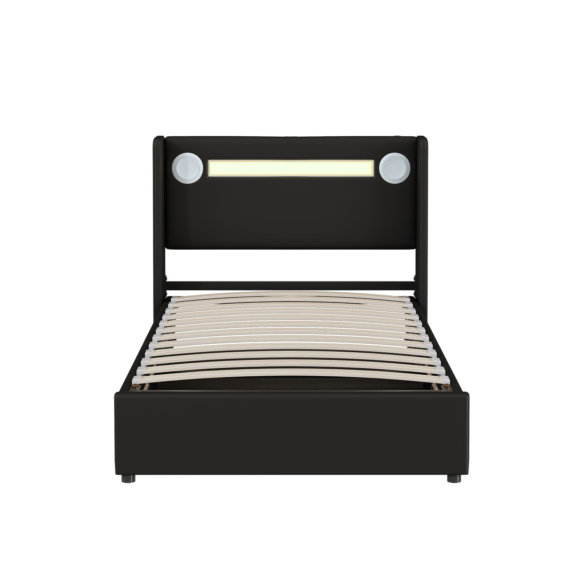 Flieks Polsterbett 90x200cm mit USB und Bluetooth-Player, Boxspringbett Einzelbett mit LED und Lattenrost, Stauraumbett Jugendbett, PU, Schwarz
